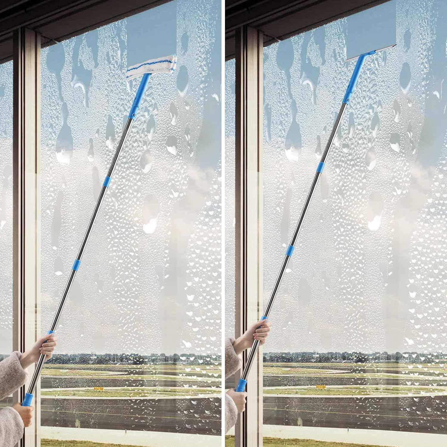 Window Cleaner with Long Handle(57IN), Glass Cleaning Tools with Silicone Squeegee & Microfiber Scrubber, Window Cleaning Kit for Shower Glass Mirror Door Car