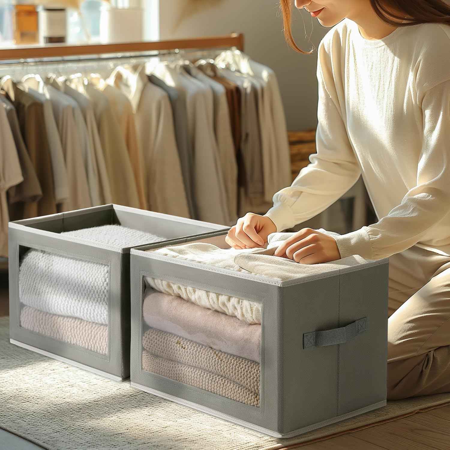 Storage Bins with Lids - Fabric Closet Storage Bins with Window, Collapsible Baskets for Shelves 4 Pack, Home Decorative Boxes for Clothes, Closet, Office, Grey