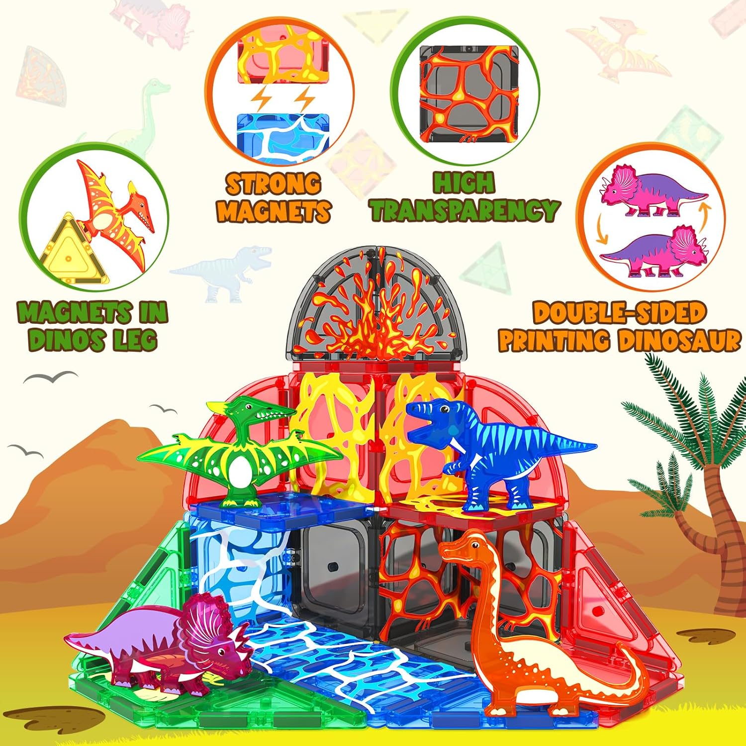 Coodoo Dinosaur Toys Magnetic Tiles Lava Dinosaur World Set - Magnetic Blocks Building for Kids 3-5 5-7 Girls Boys Toy Age 4-6 6-8, Classroom Must Haves Toddler Sensory for 3+ Year Old Kids Toys