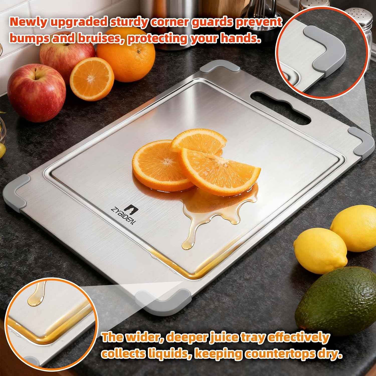 3Pcs 100% Pure Titanium Cutting Board with Grooves, Update Double Side Titanium Chopping Board, Silicone Anti-slip Stainless Cutting Boards Set for Kitchen