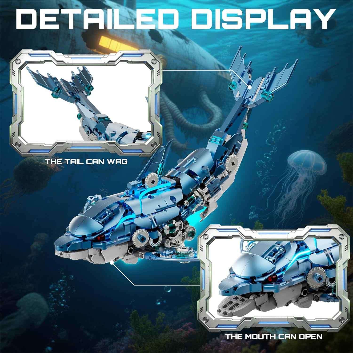 Myth Qholve Mechanical Blue Dolphin Building Blocks Set Hand-Operated Motion, Detailed Gear Design, Display & Play Model Futuristic Ocean Animal Model