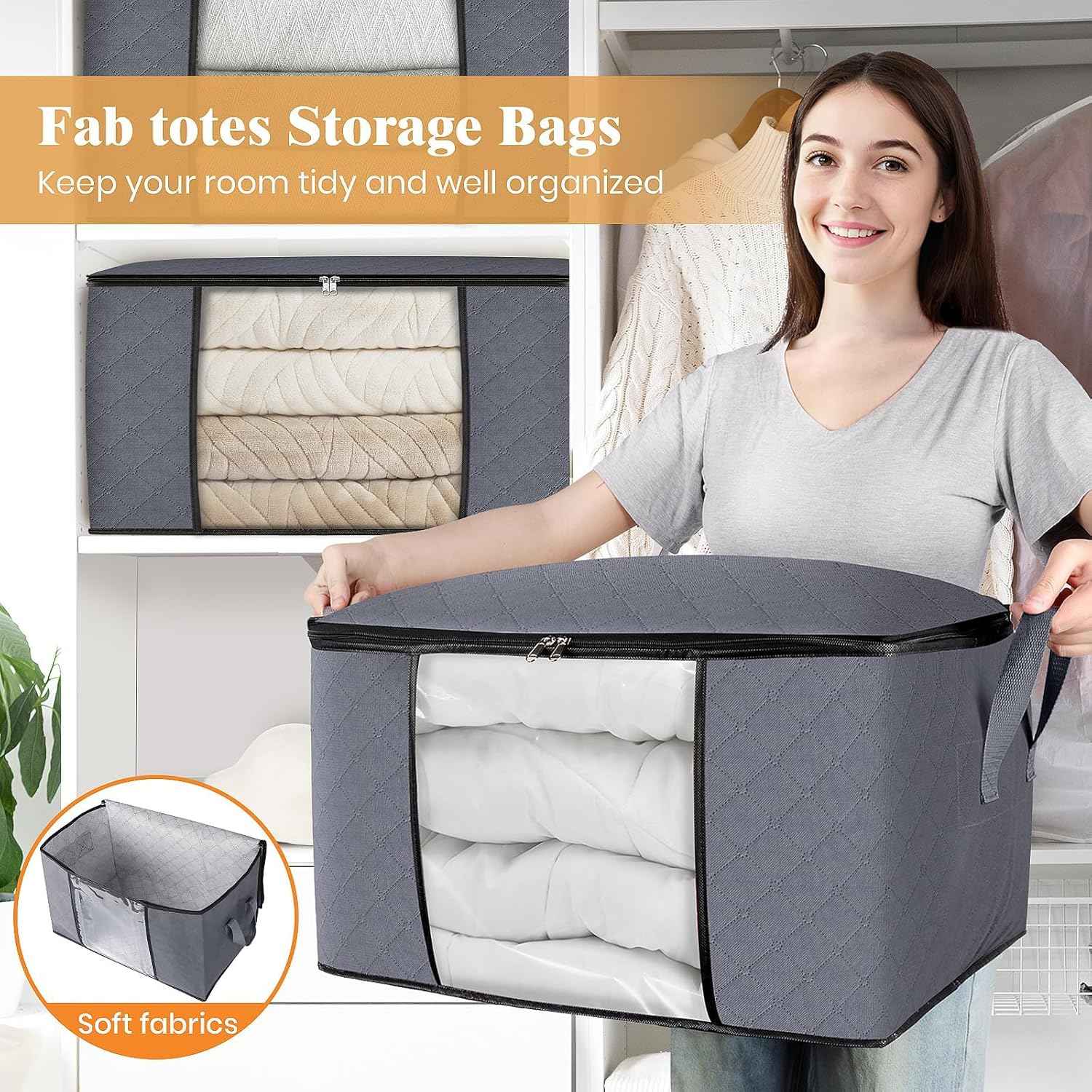 Fab totes Storage Bags,Clothes Blanket Storage Bins Foldable Closet Organizers with Reinforced Handle for Home Dorm Storage and Organization,Fabric Bags for Organizing Bed Sheets,Clothing,Comforters