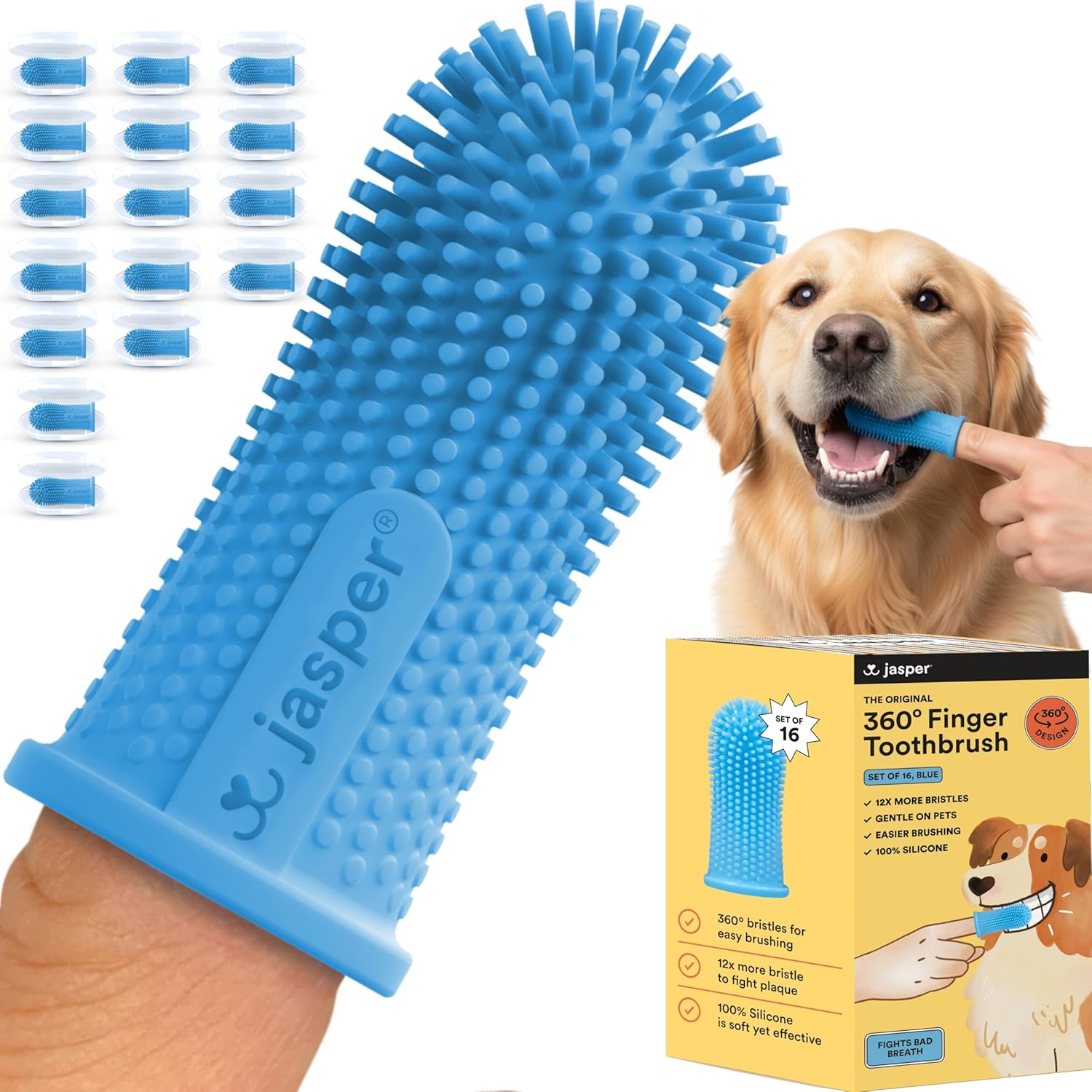 Jasper 2-pack 360-degree dog toothbrush kit for small and large pets, blue