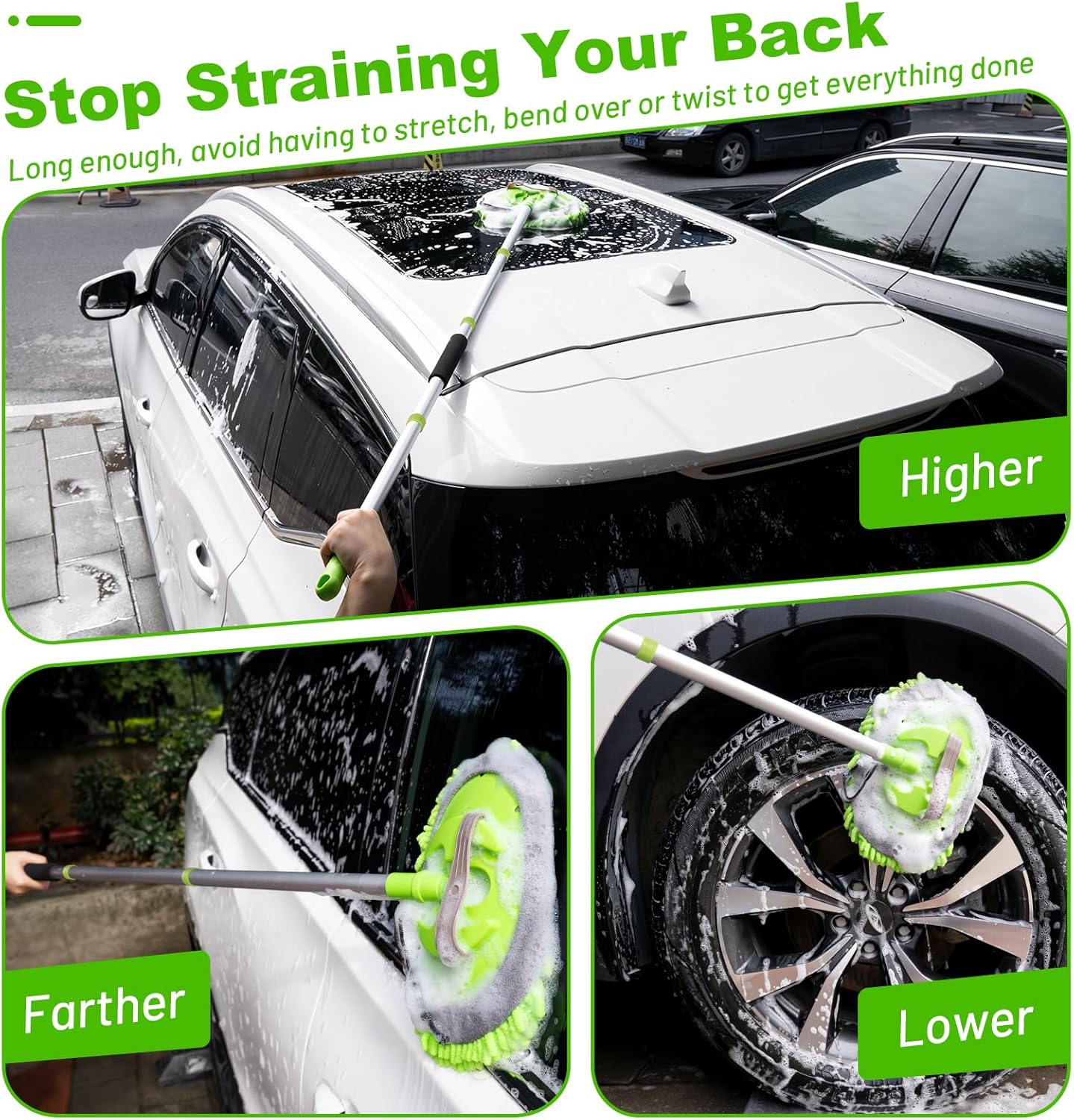 62" Adjustable Length Car Wash Brush Kit with Long Handle Microfiber Car Cleaning Supplies