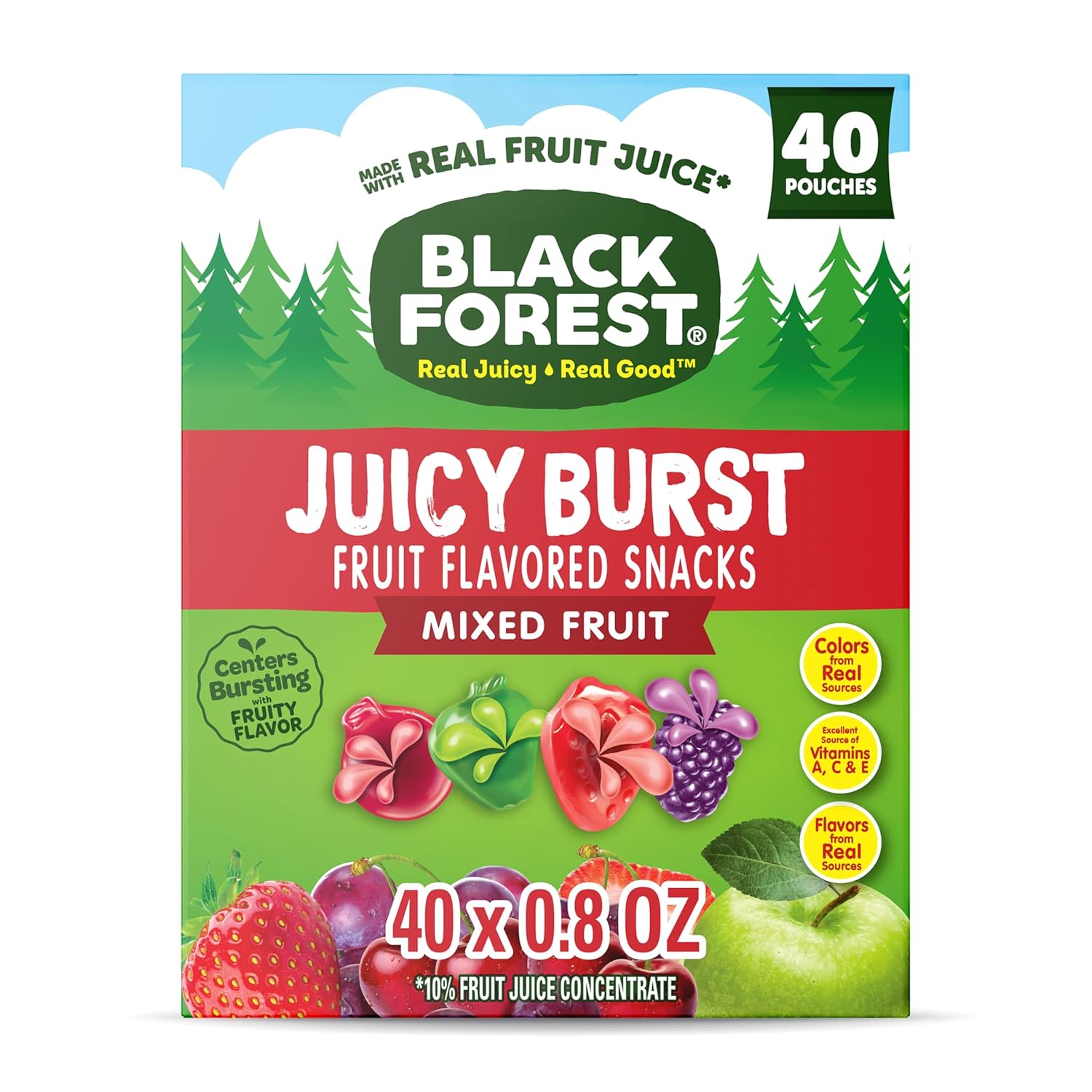 Black Forest, Juicy Burst, 0.8 oz, 40 ct, Mixed Fruit Flavored Snacks, Real Fruit Juice