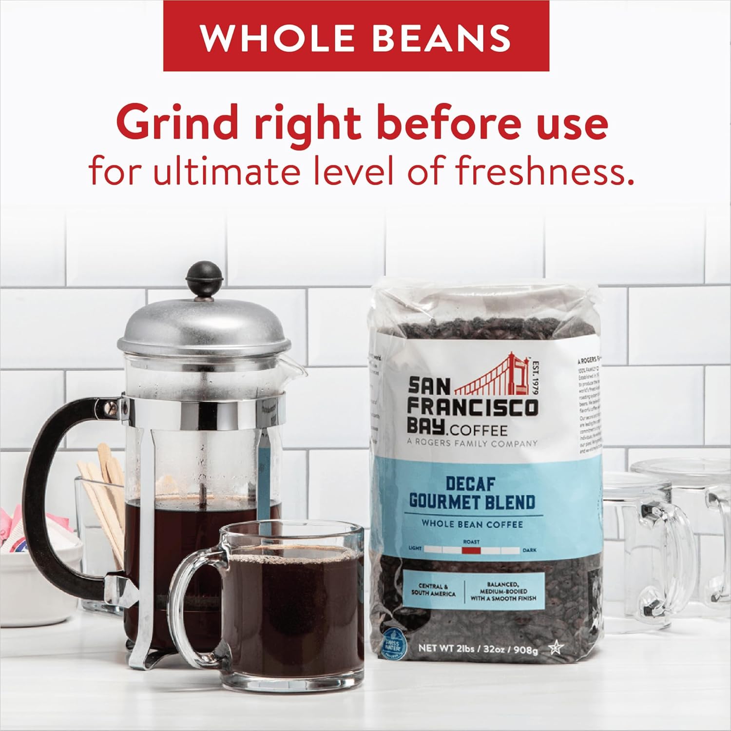San Francisco Bay Decaf Medium-Dark Roast Whole Bean Coffee, Swiss Water Processed, 2 lb bag, 100% Arabica