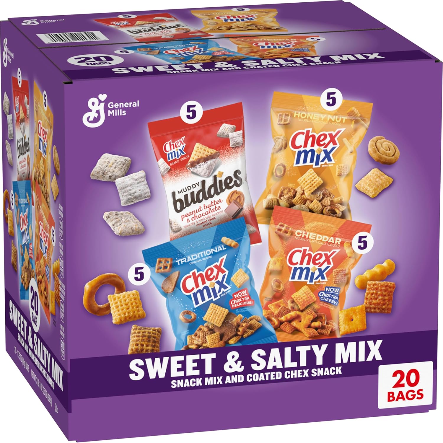 20-count Muddy Buddies and Chex Mix variety pack, 35 oz, sweet and salty snack mix