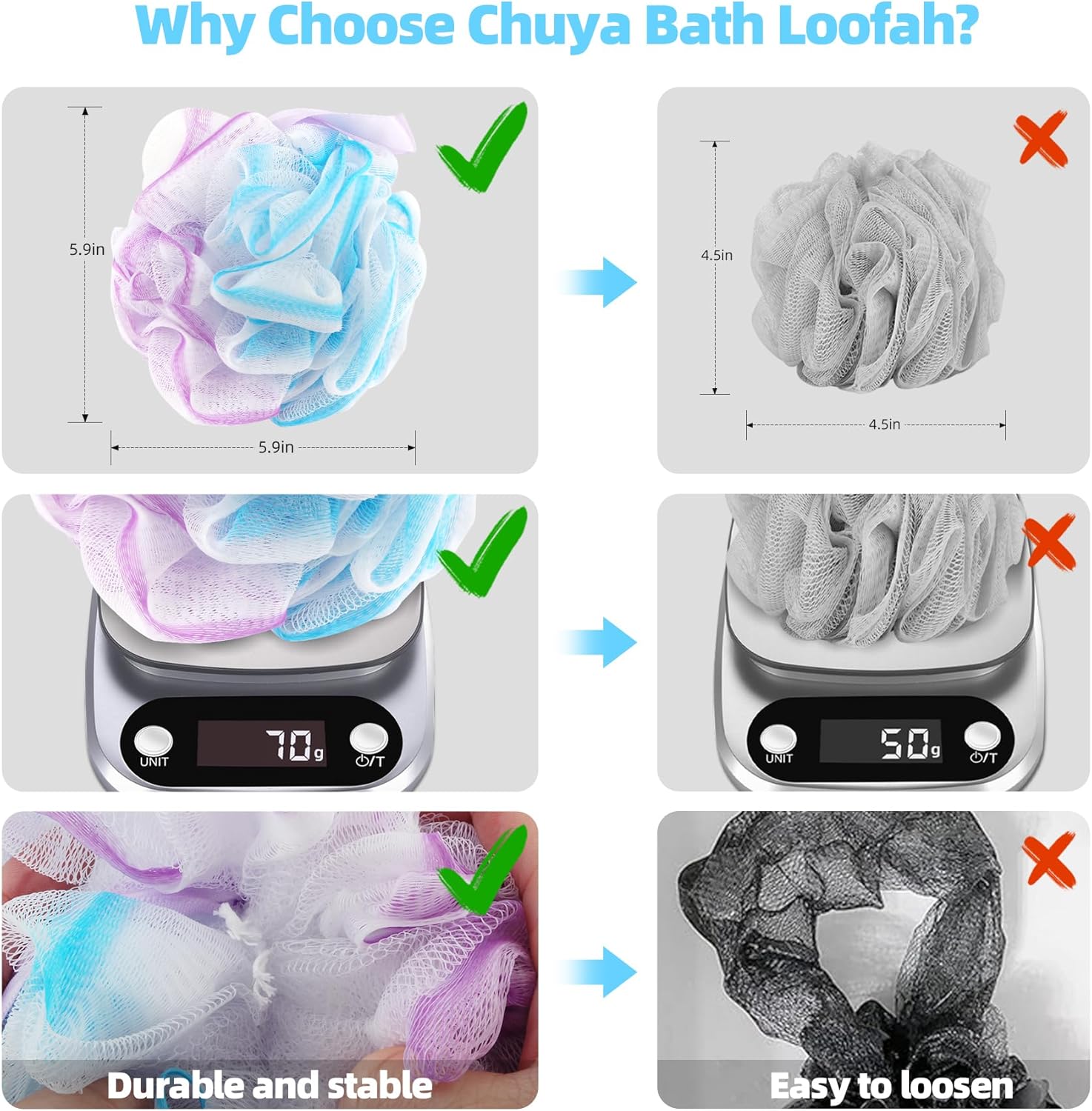 chuya bath sponges loofahs 70 grams large size, 4 pack shower sponge exfoliating cleaning bath loofa body scrubber balls