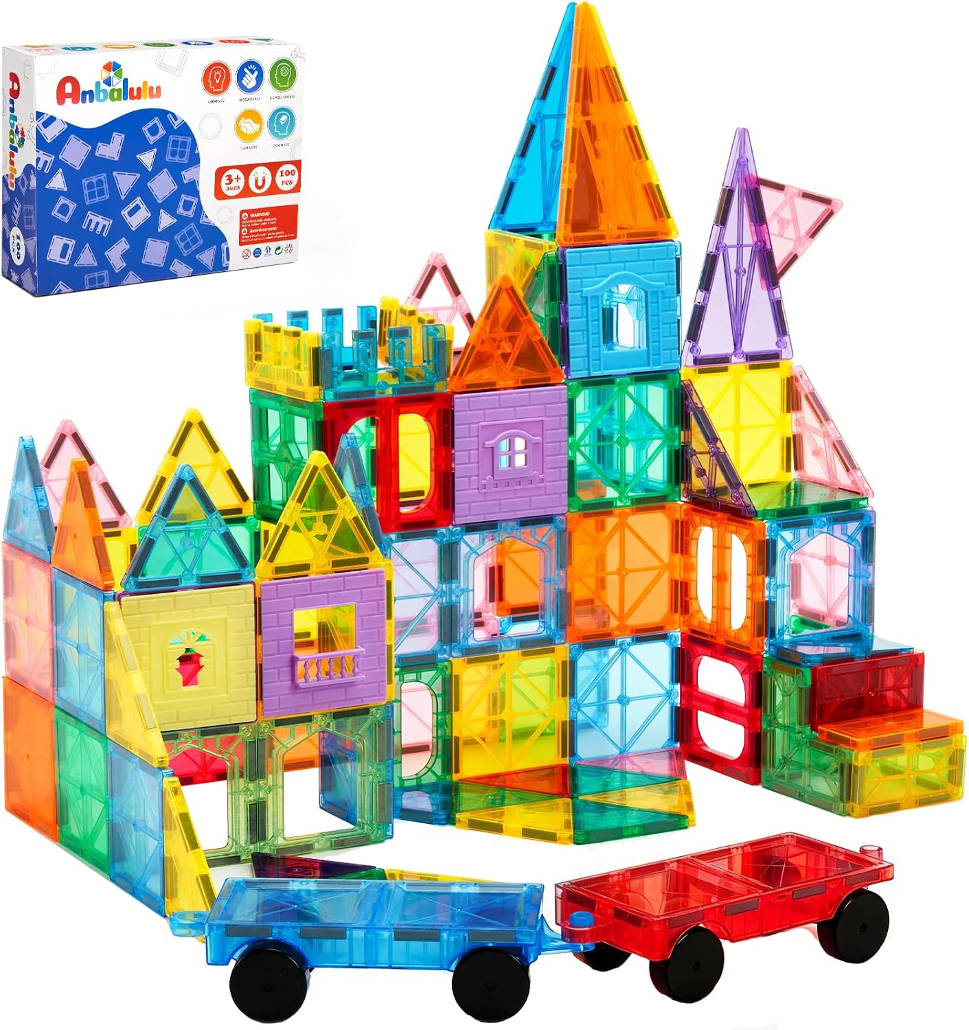 Anbalulu Magnetic Tiles 100PCS with 2 Cars, STEM Educational Building Blocks for Kids Ages 3-9, Magnet Construction Toys Gift for Toddlers