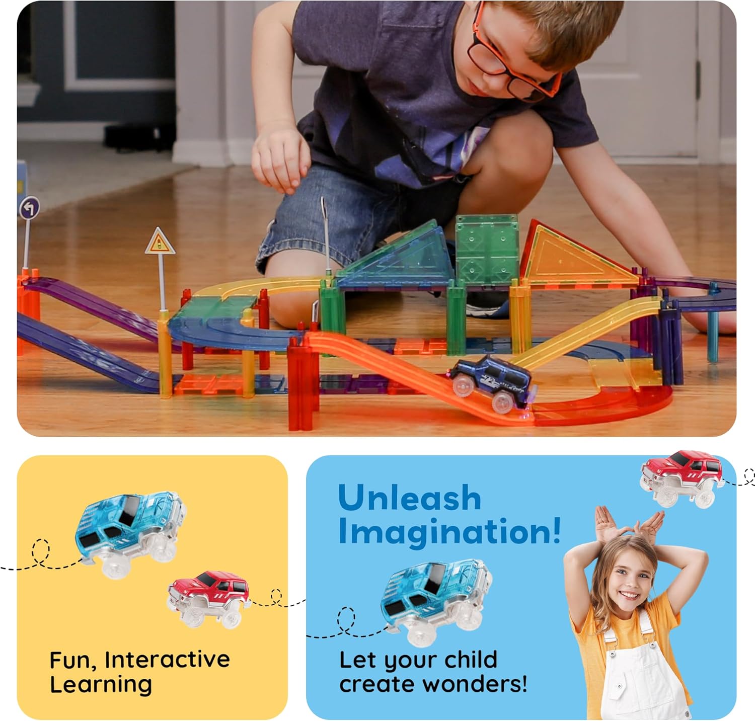 PicassoTiles Race Track Magnetic Tiles Car Toy Fun Playset Includes 2 Racing Trucks Racecars STEM Educational Magnet Building Block Construction Set for Toddlers Boys Girls Ages 3 and Older PTR30
