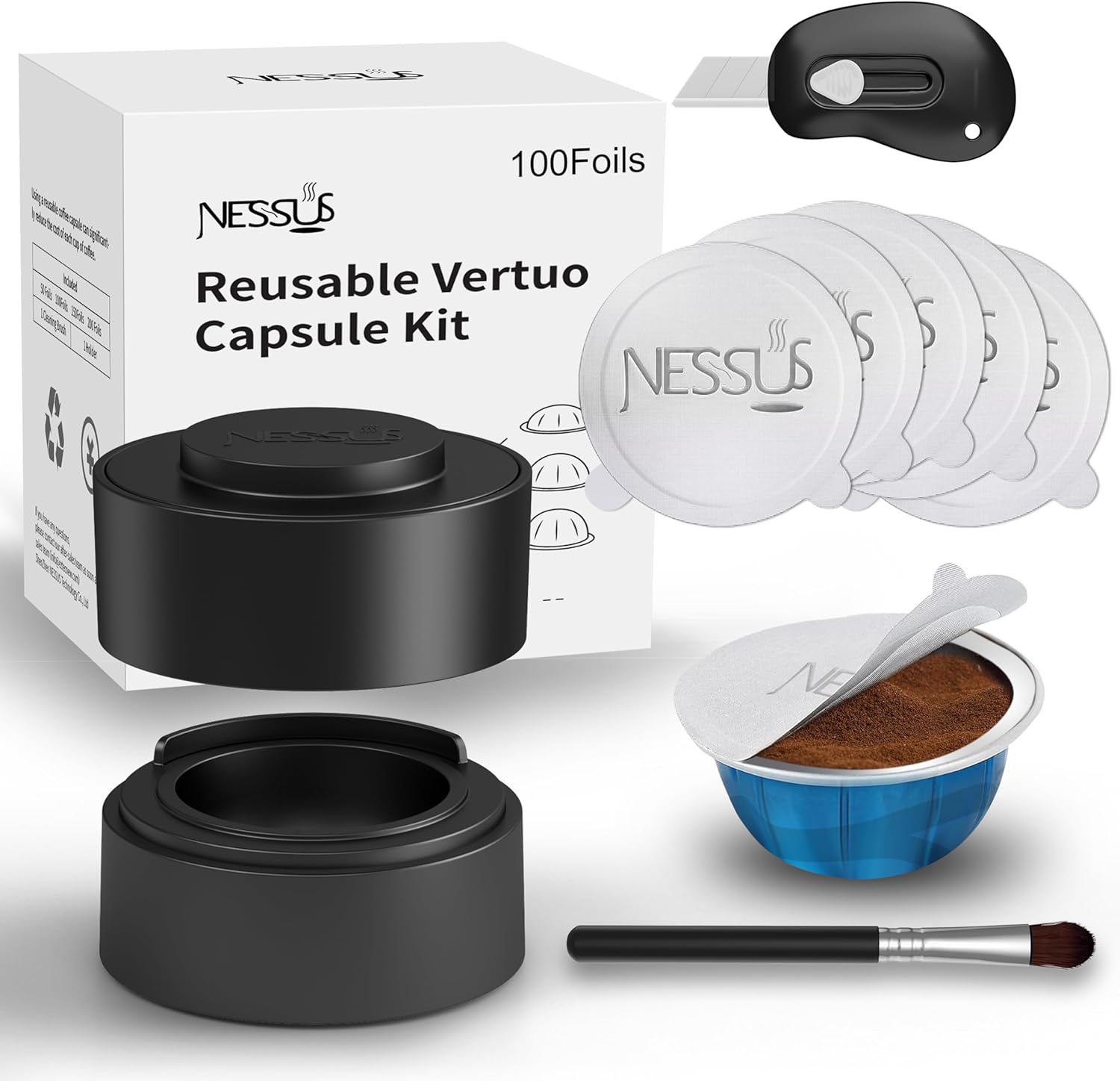 Nessus Reusable Kit for Nespresso Vertuo, Reusable Aluminum Foil Seal Lid, Holder, Brush, 100 Pcs Food-Grade Capsules for Vertuo Plus Next
