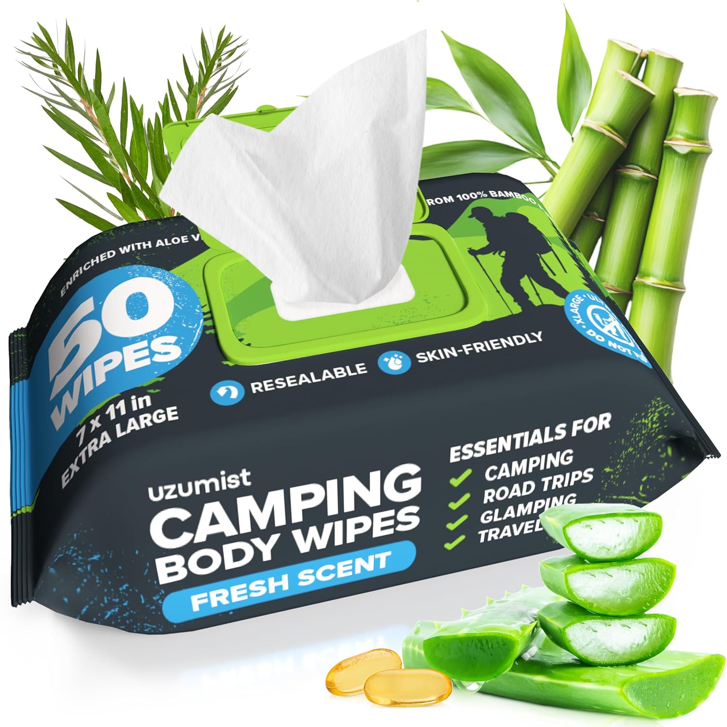 Body Wipes for Adults, No Rinse, 50pc XL, Ultra Thick Shower Travel Wipes for Personal Cleansing & Hygiene Essentials