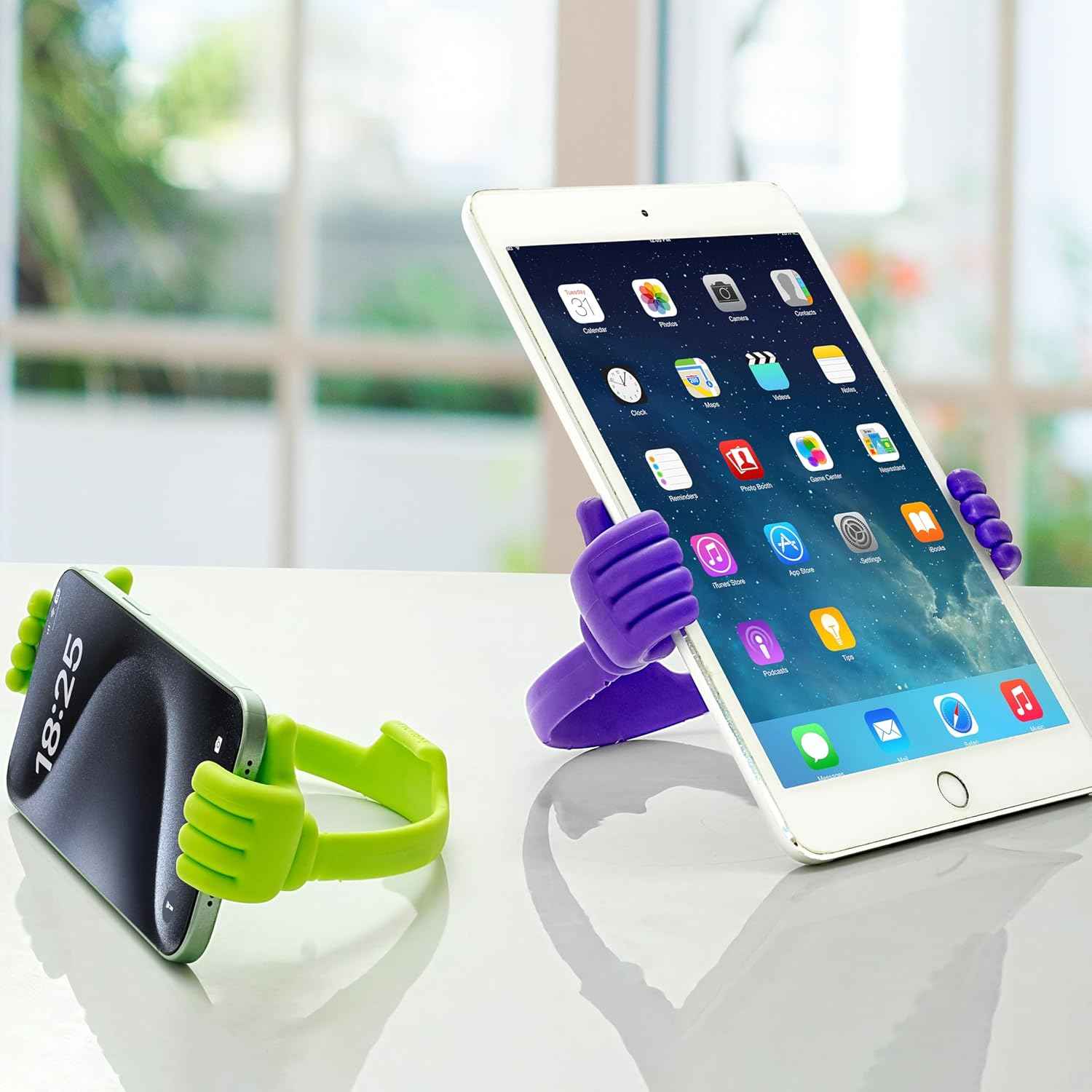 HONSKY Thumbs-Up Phone Stand for Tablets, E-Readers and Smart Phones – Green/Purple – 2 Count