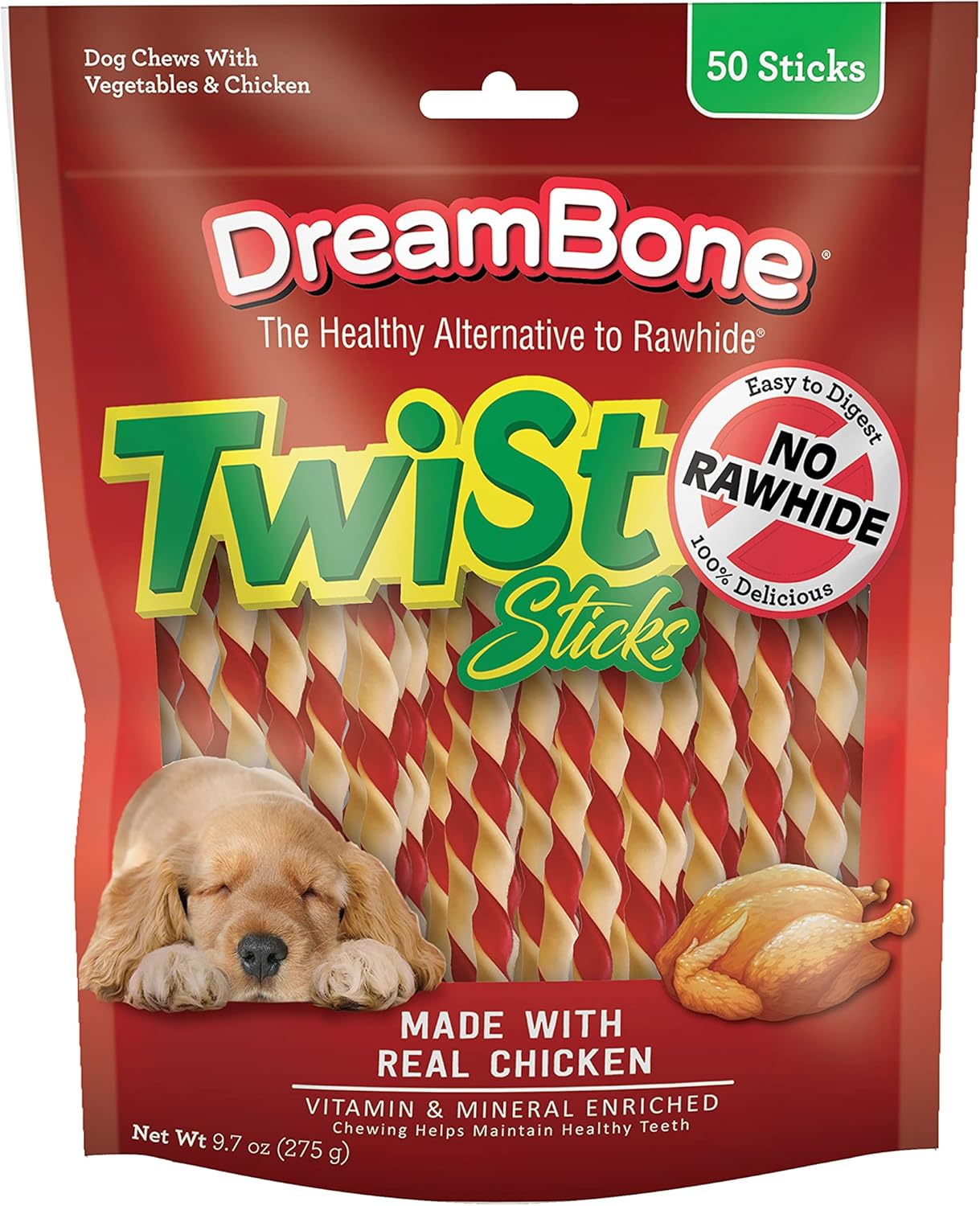 DreamBone twist sticks, made with real chicken, rawhide-free chews for dogs, 50 count, durable and healthy