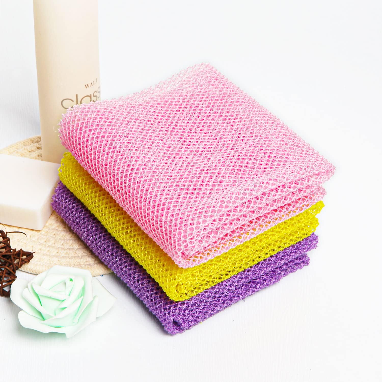 3 pieces premium nylon african bath sponge set, yellow pink purple, exfoliating net wash scrubber
