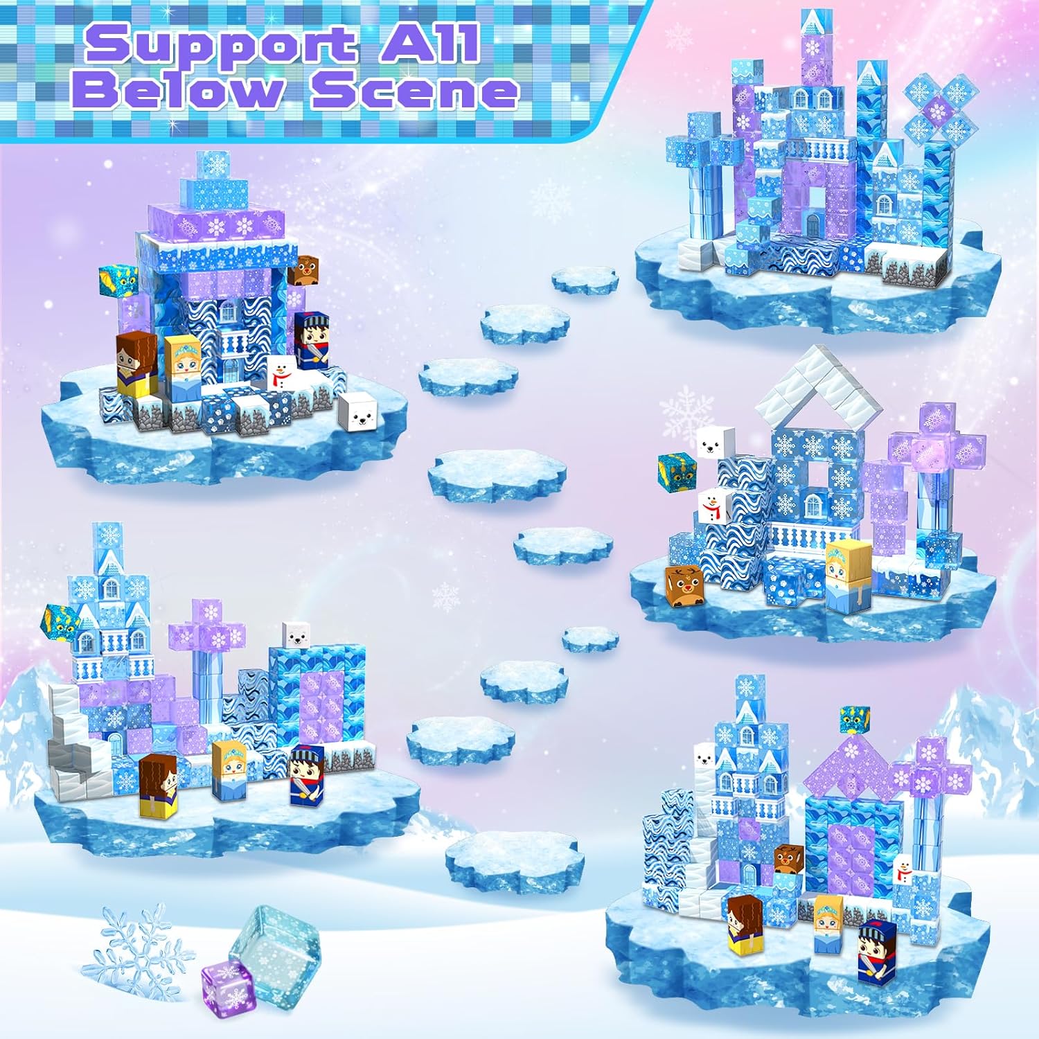 Magnetic Blocks - 100Pcs 0.8in Magnetic Building Block for Kids Ages 4-8, Transparent Magnet Block Blue Princess Castle, Frozen Magnetic Cubes Tiles Princess Toy for Girl 3 4 5 6 7 8-12 Birthday Gift