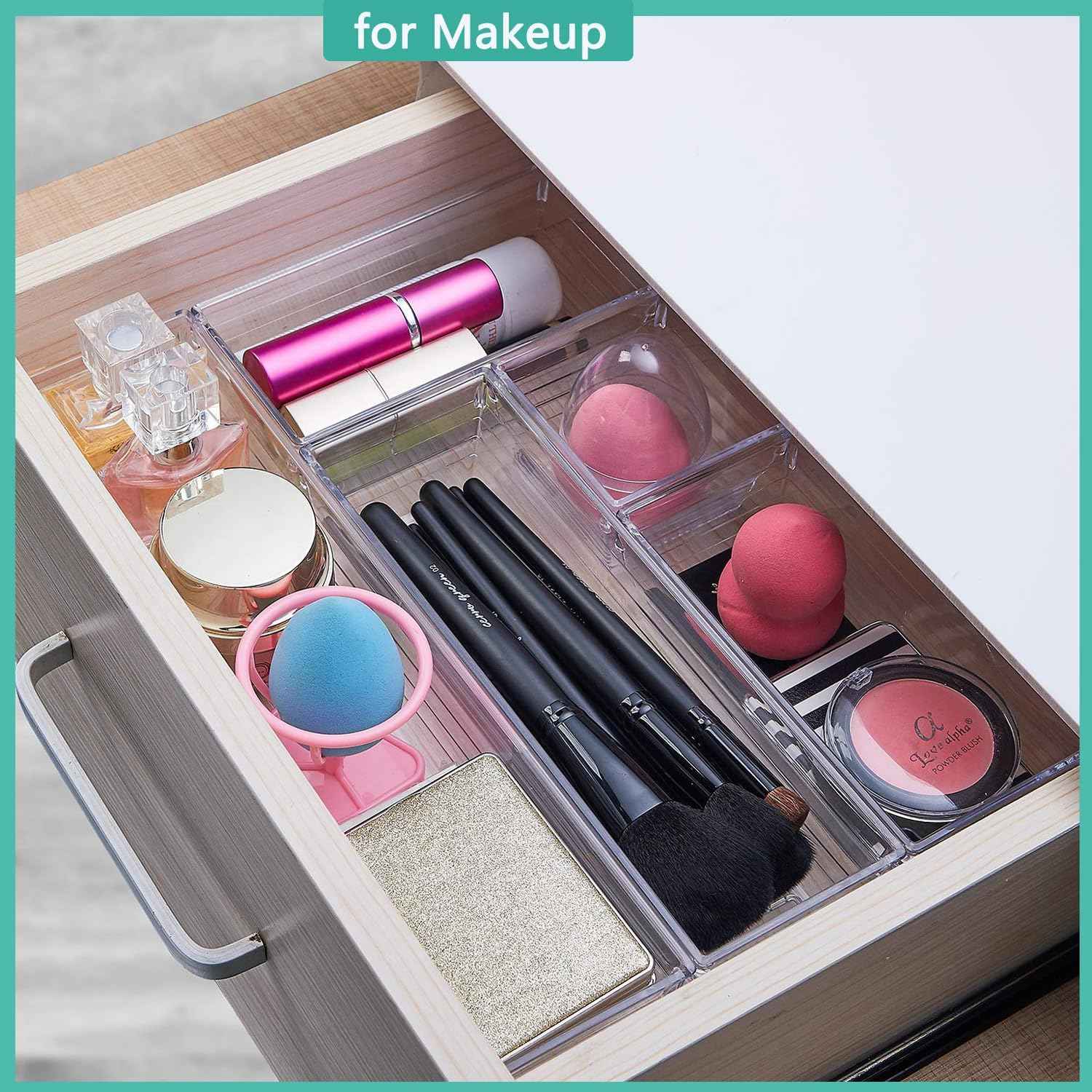 DCA 6 Pack Clear Drawer Organizer, Acrylic Drawer Storage Trays, Storage Bins for Makeup, Cosmetics, Jewelries, Utensils, Gadgets, Office