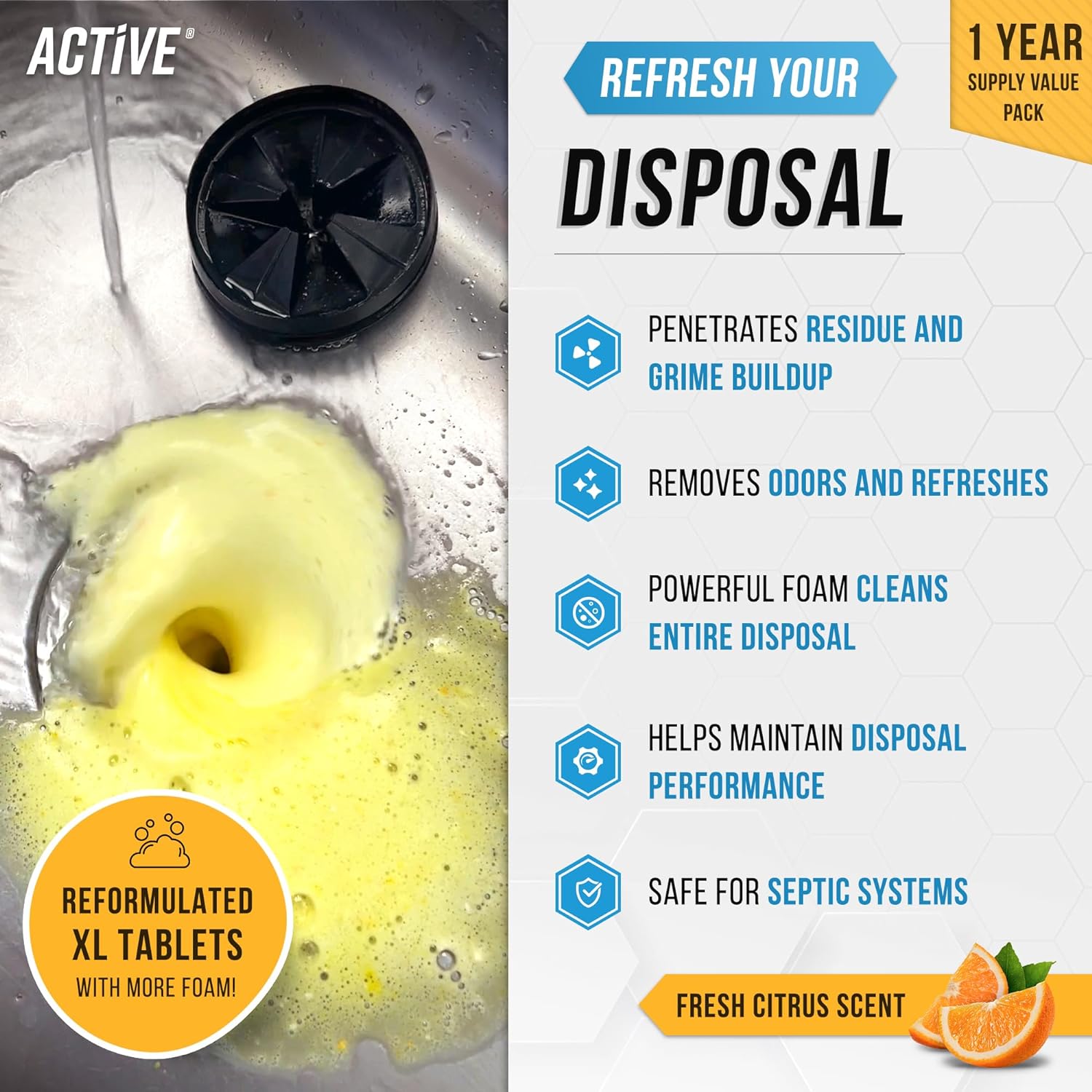 Garbage Disposal Cleaner Deodorizer Tablets - 24 Pack, New Powerful XL Foaming Tablet - Fresh Citrus Foam Sink Garburator Disposer Freshener, Natural Kitchen Drain Cleaning Care - 1 Year Supply - Rayz Mart
