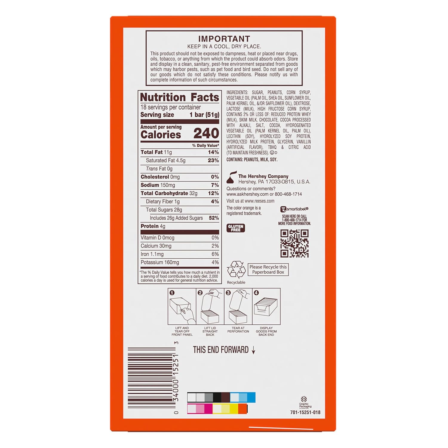 REESE'S Fast Break Peanut Butter Nougat Candy Bars, 1.8 oz, 18-count bulk pack, kosher, gluten free