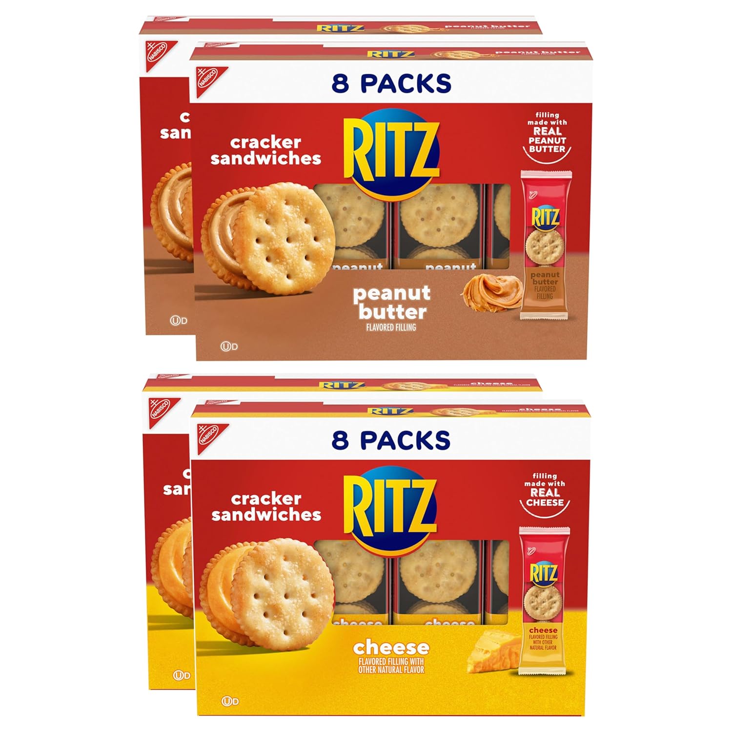 ritz peanut butter and cheese sandwich crackers variety pack, 32 snack packs, 6 crackers per pack