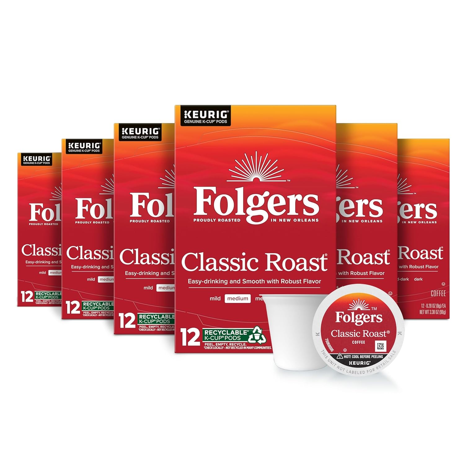 Folgers Classic Roast, 12-Count Medium Roast Coffee K-Cup Pods, 6-Pack