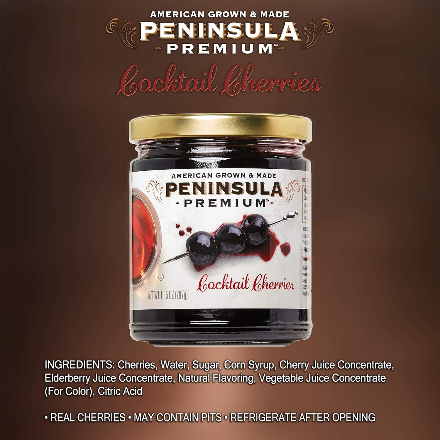 peninsula premium cocktail cherries deep burgundy-red silky smooth rich syrup gourmet american grown made 10.5 ounce