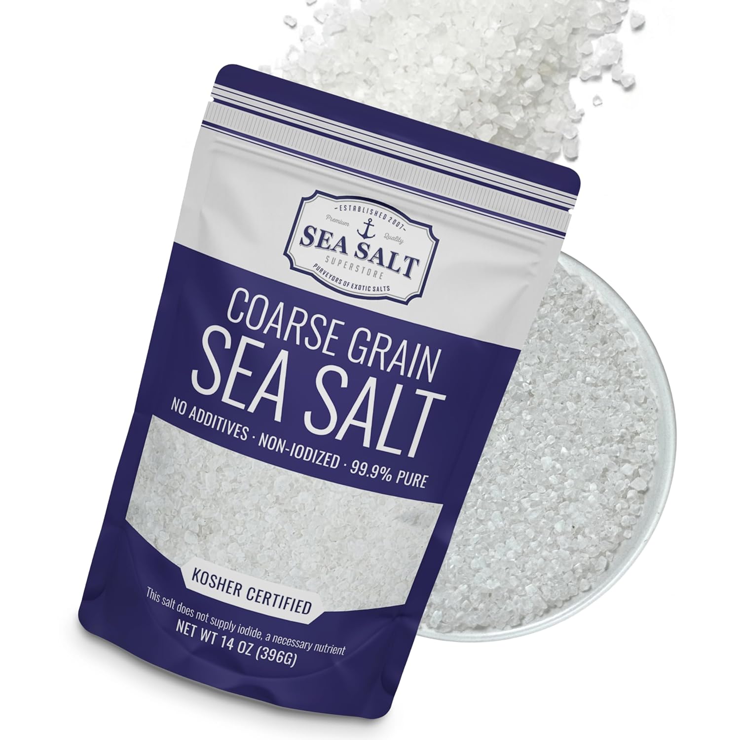Sea Salt Superstore Coarse Grain Kosher Non-Iodized Baja Salt Refill for Grinder, 14 oz Bag
