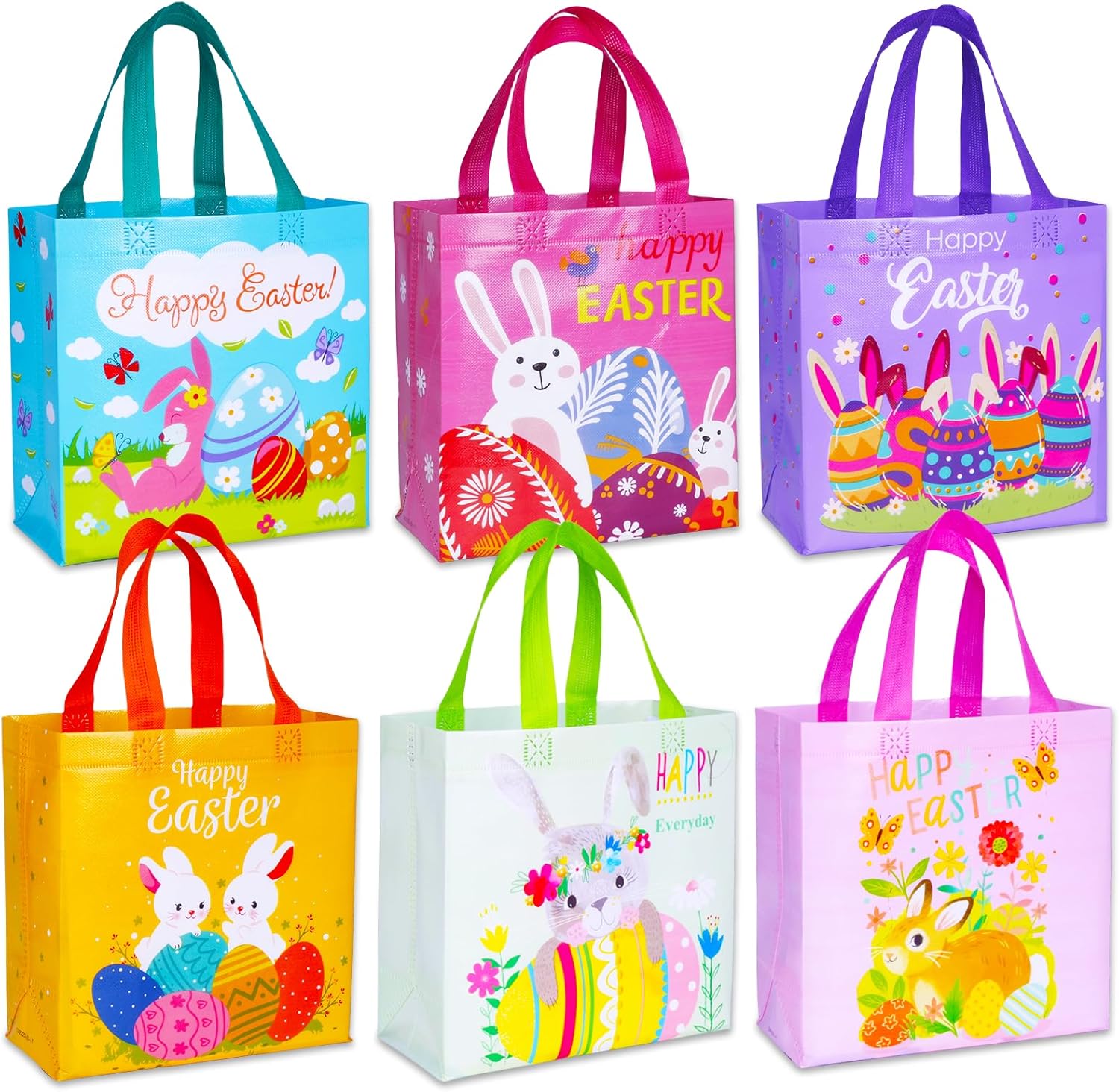 exun happy easter gift bags with handles, bunny carrot chick designs, reusable non-woven treat bags for party favors, gift wrapping, easter basket container, 6-pack, 9.1×8.7×4.5 inch