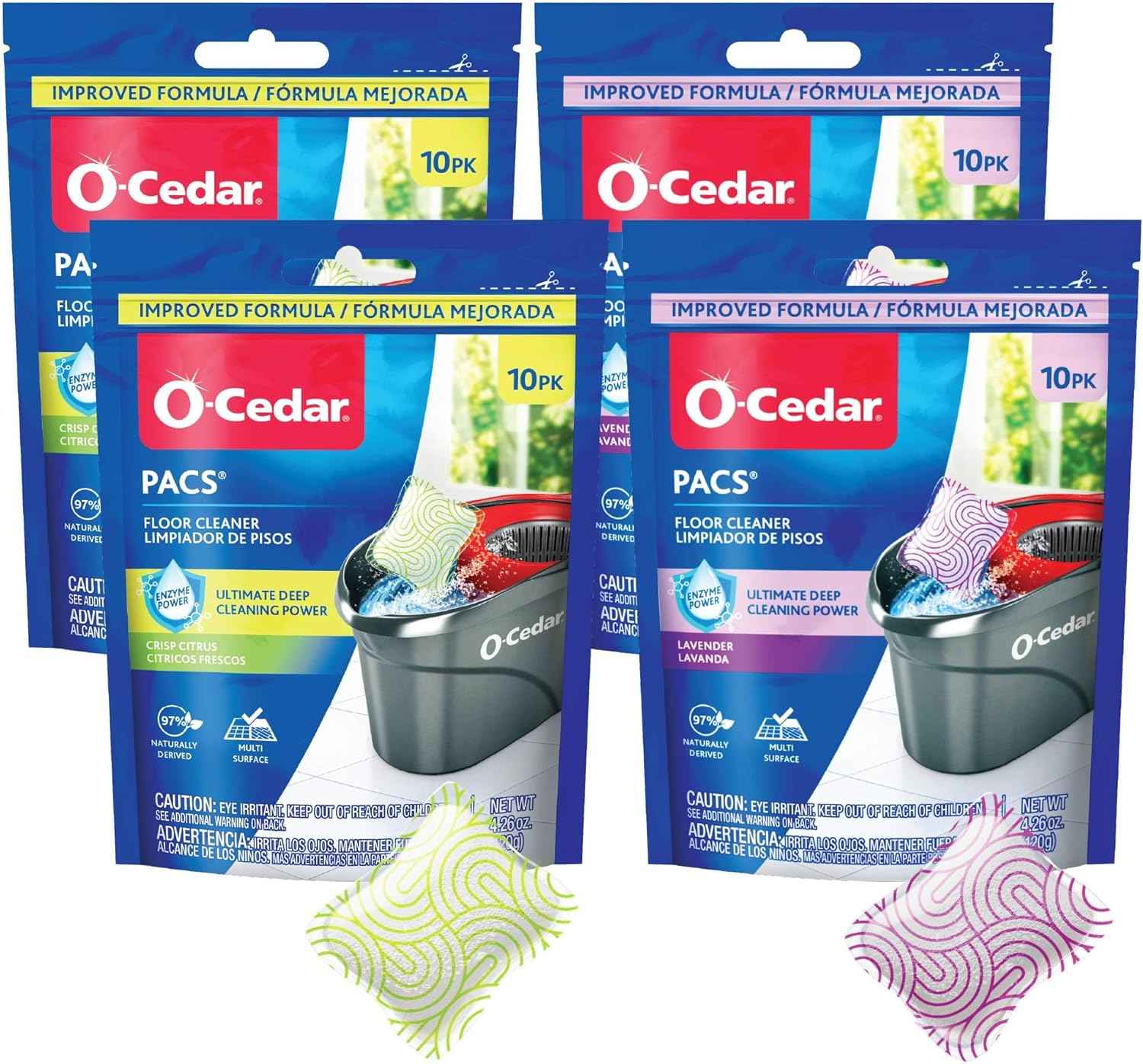 O-Cedar PACS Hard Floor Cleaner, Crisp Citrus Scent 10 Count (1-Pack) | Made with Naturally-Derived Ingredients | Safe to Use on All Hard Floors | Perfect for Mop Buckets