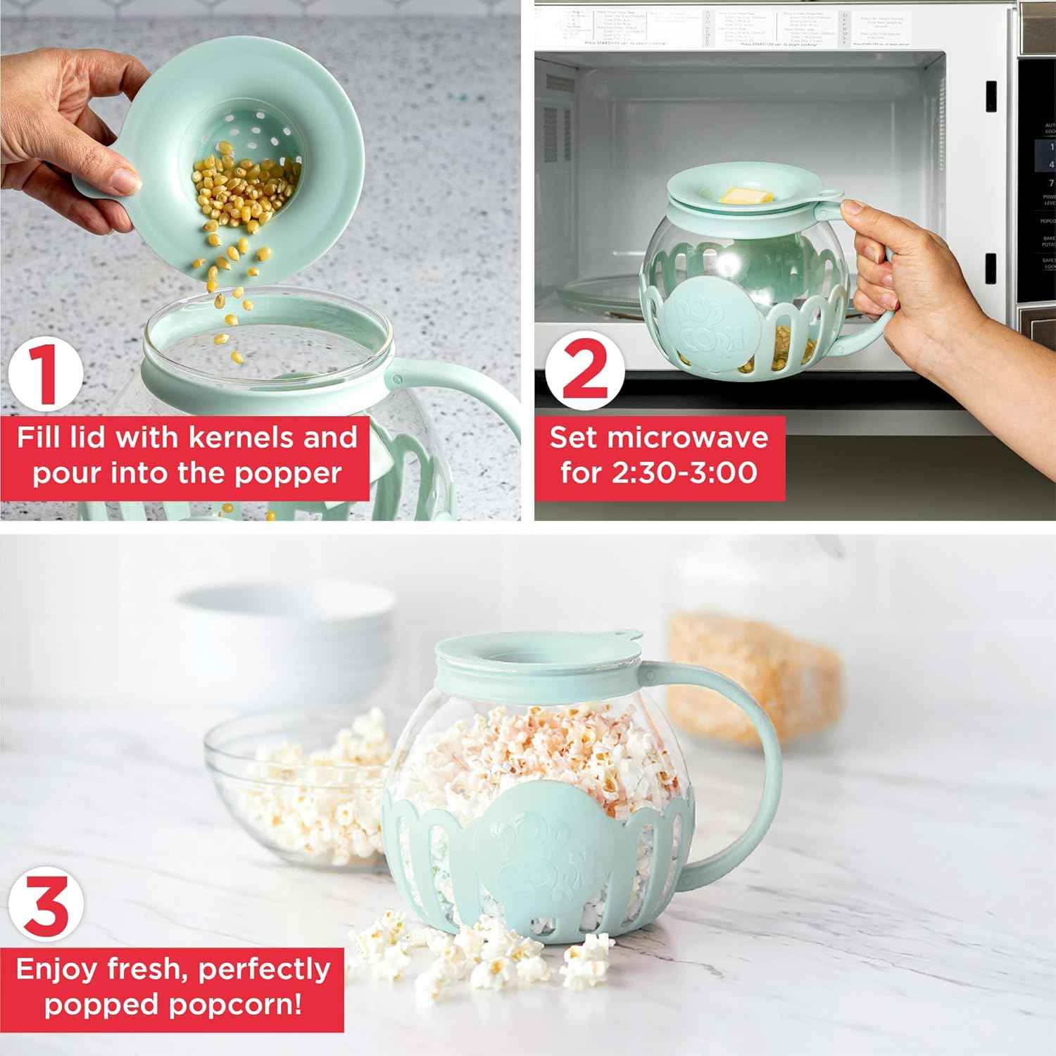 Ecolution Patented Micro-Pop Microwave Popcorn Popper with Temperature Safe Glass, 3-in-1 Lid Measures Kernels and Melts Butter, Made Without BPA, Dishwasher Safe, 1.5-Quart, Aqua