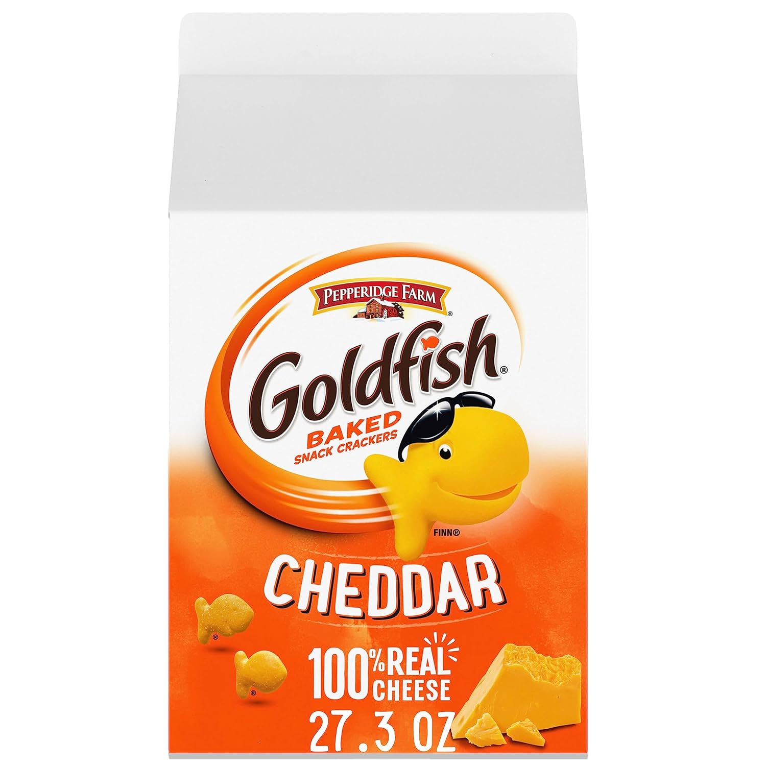 Goldfish cheddar cheese crackers, 27.3 oz carton, 100% real cheese, plant-based colors, 55 pieces per serving