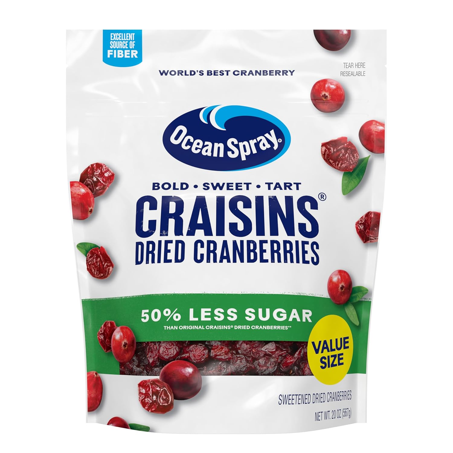 Ocean Spray Craisins 50% Less Sugar Dried Cranberries, 20 Oz Resealable Value Pack Pouch
