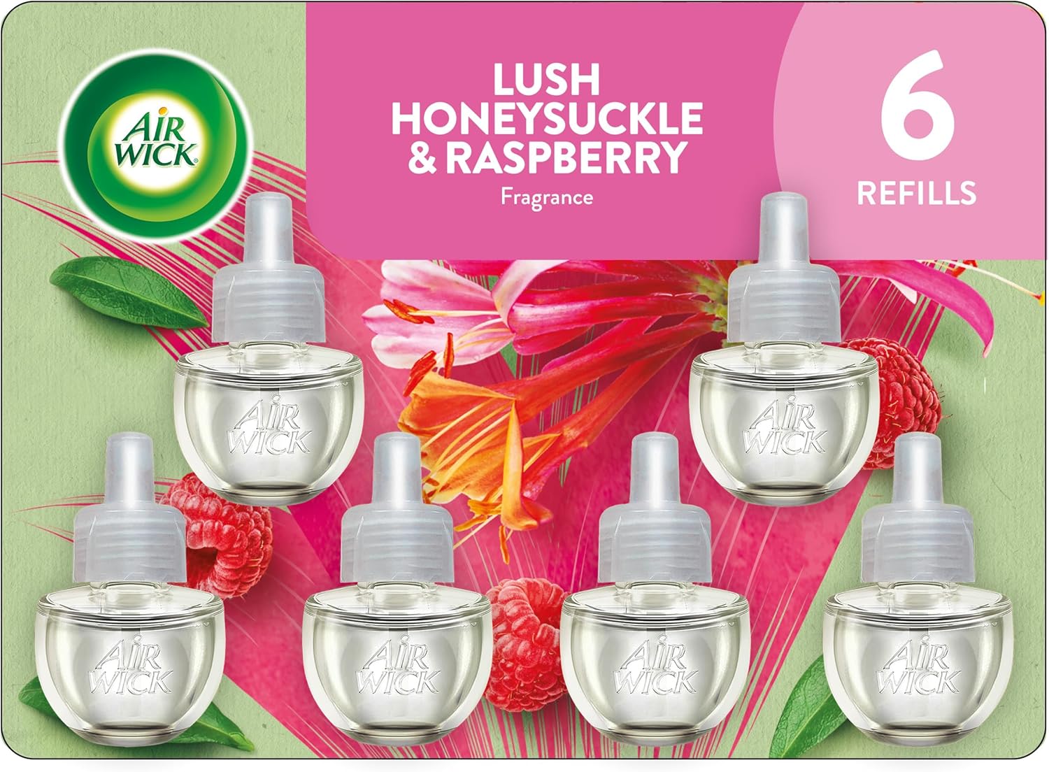 Air Wick plug in scented oil refill, honeysuckle & raspberry, 4 count, essential oils