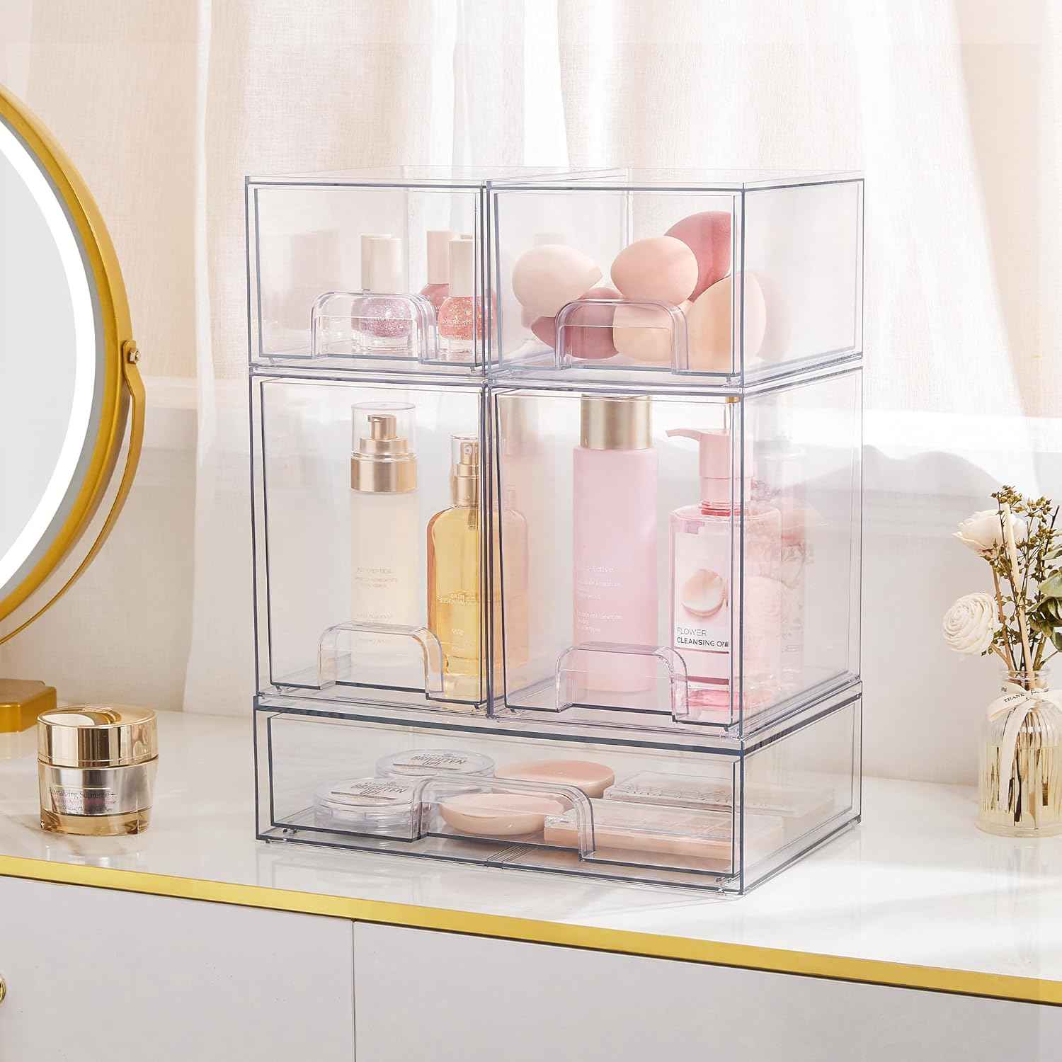 Vtopmart Stackable Storage Drawers Set of 5, Clear Plastic Organizer Bins for Baby Bottle, Beauty Supplies Storage, Ideal for Kichen Countertop, Vanity, Bathroom, Cabinet, Pantry Organization