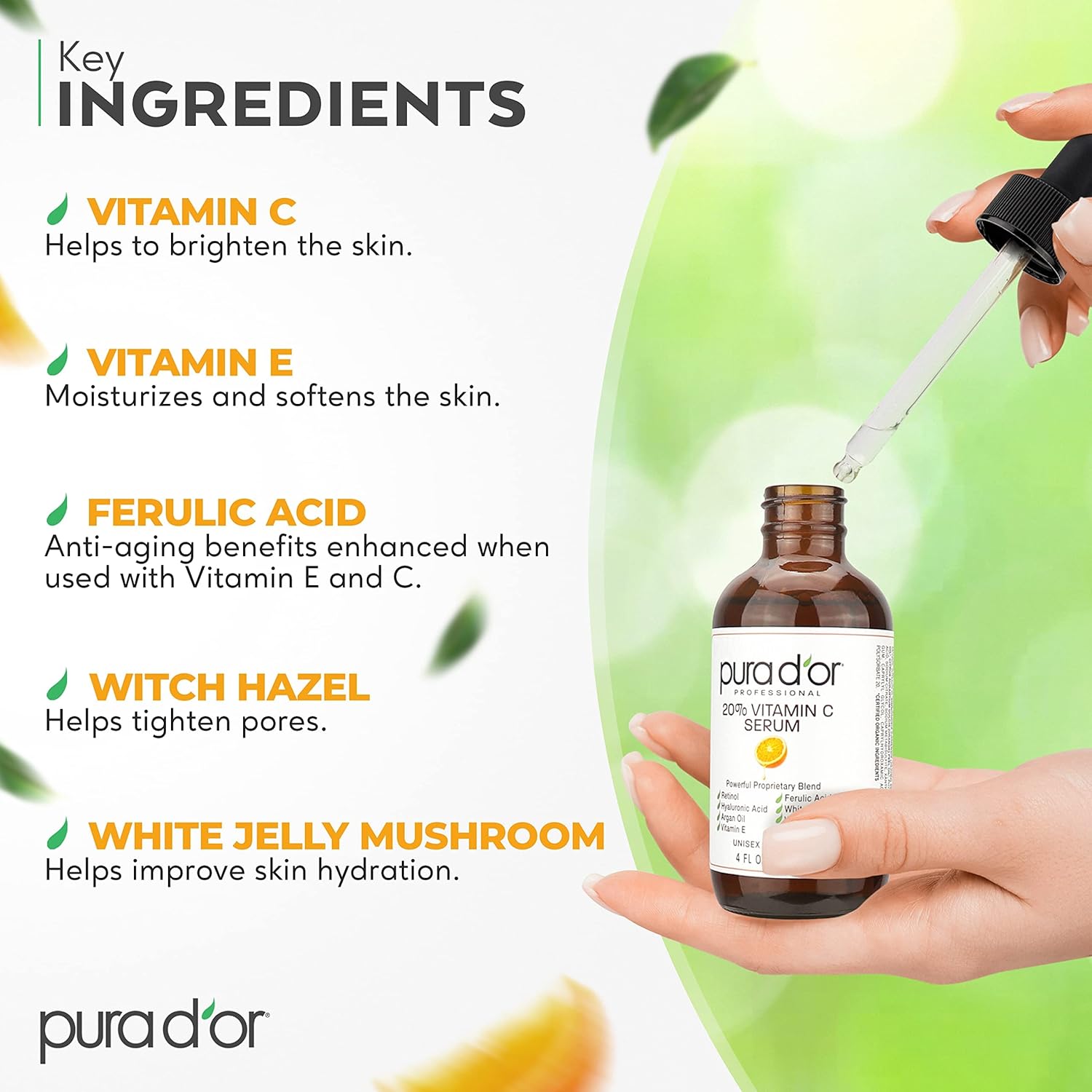 pura d'or 20% vitamin c serum 4 oz - lightweight, retinol, hyaluronic acid, ferulic acid treatment for face & eyes - men & women