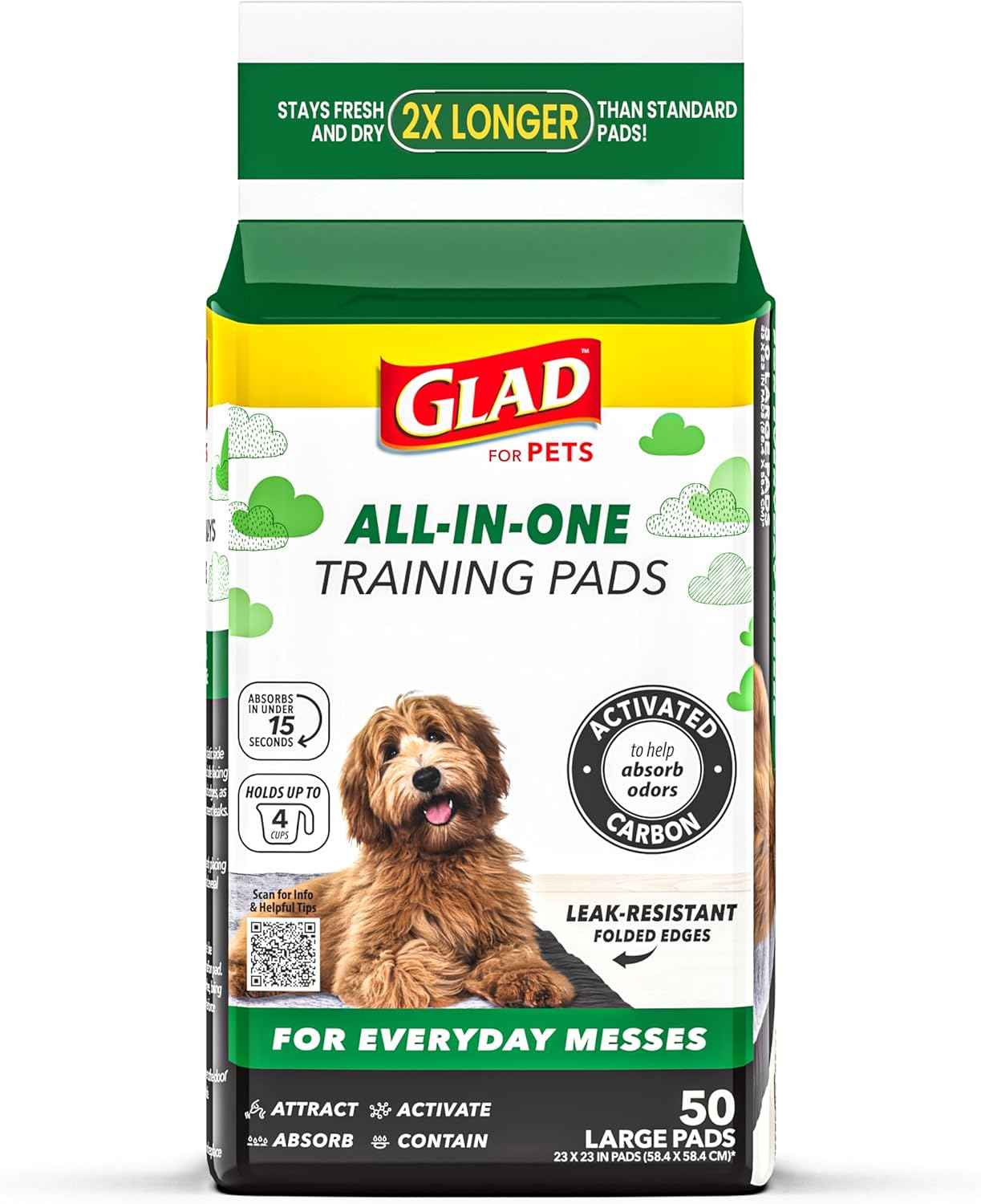 Glad for Pets Black Charcoal Puppy Training Pads with Odor Control and Pheromone Attractant, Leak Resistant Dog Potty Pads for House Training Puppies and Dogs, 23 x 23 in, 50 Count