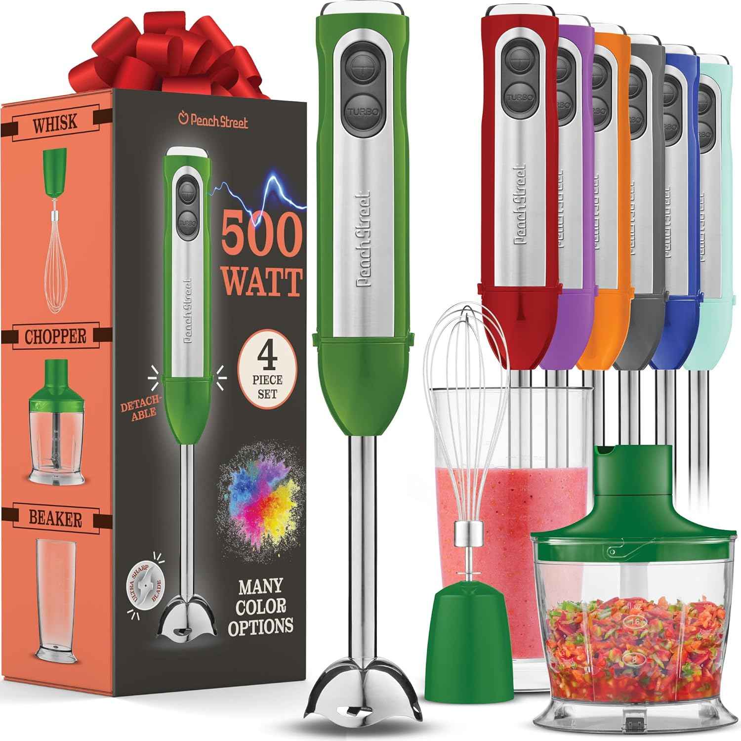 Powerful Immersion Blender, Electric Hand Blender 500 Watt with Turbo Mode, Detachable Base. Handheld Kitchen Gadget Blender Stick for Soup, Smoothie, Puree, Baby Food, 304 Stainless Steel Blades