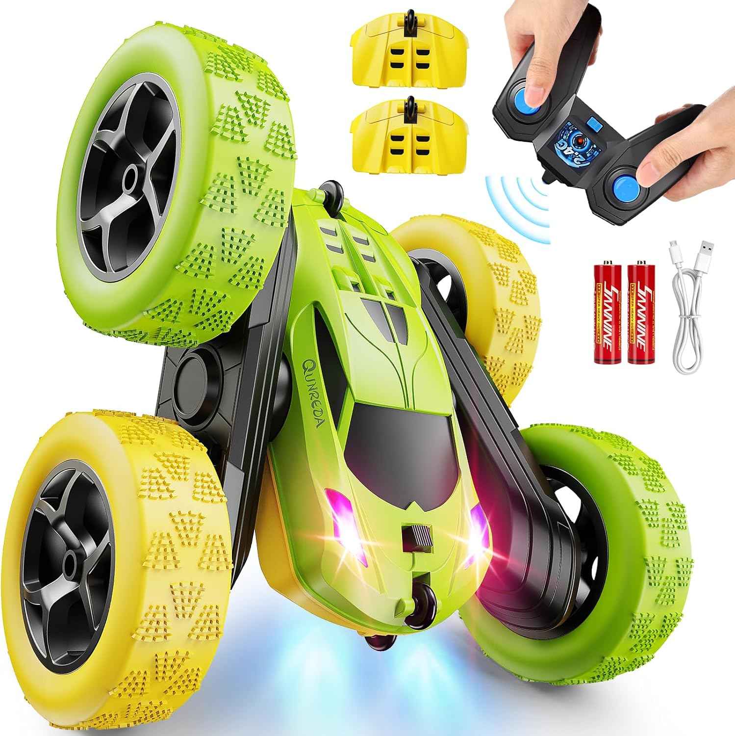 Remote Control Car, RC Cars Toys for Kids Ages 6-12, 4WD Stunt Car with LED Lights & 360° Flips, 2.4GHz, Upgraded USB-C Modular Batteries, 8-10 Year Old Boys Birthday Gift 1-Blue