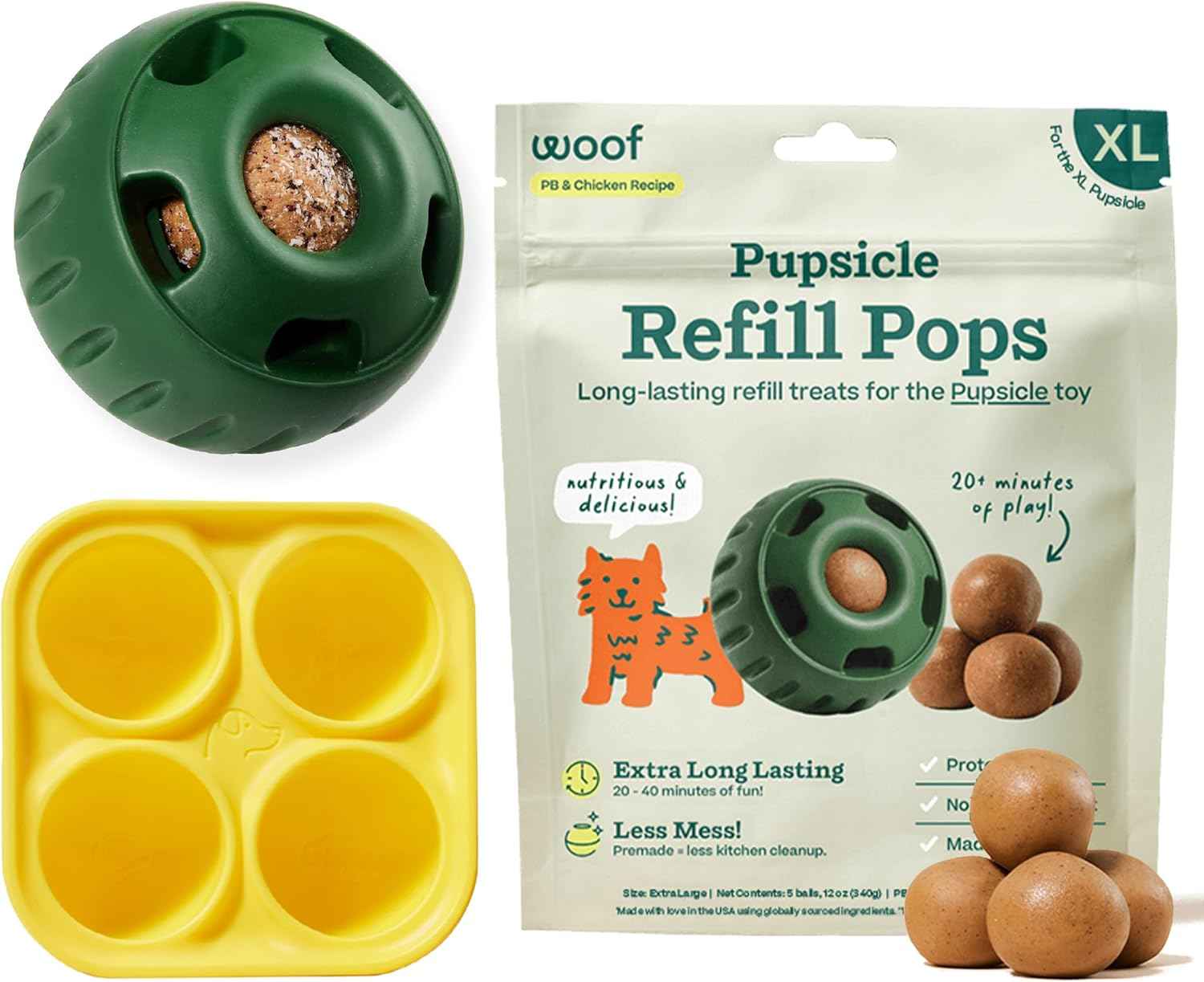 WOOF Starter Pack - Interactive Dog Toys for Boredom - Dog Treat Molds Silicone - Chicken-Flavored Healthy Treats for Dogs - Pupsicle Doggy Enrichment Toy - for Small Pups - 10-25 lbs
