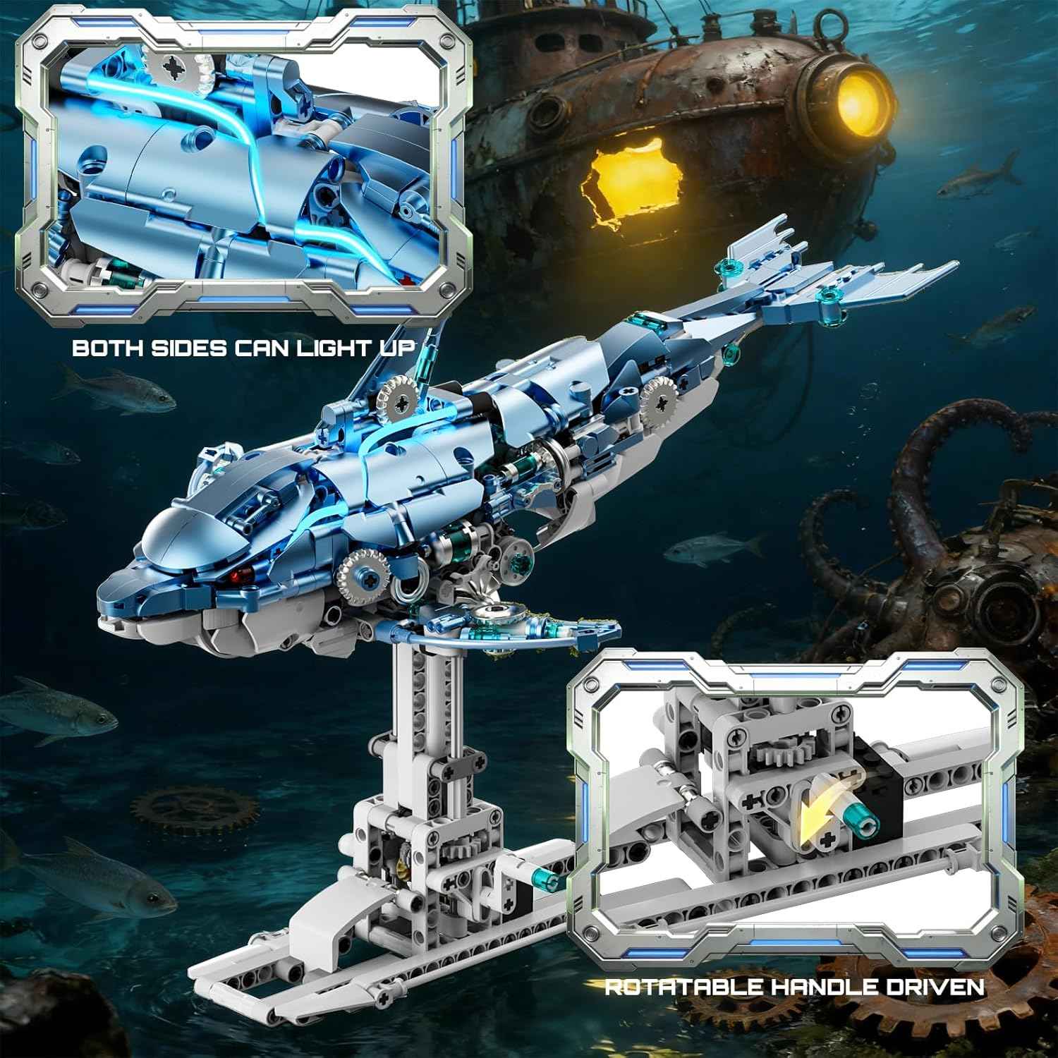 Myth Qholve Mechanical Blue Dolphin Building Blocks Set Hand-Operated Motion, Detailed Gear Design, Display & Play Model Futuristic Ocean Animal Model