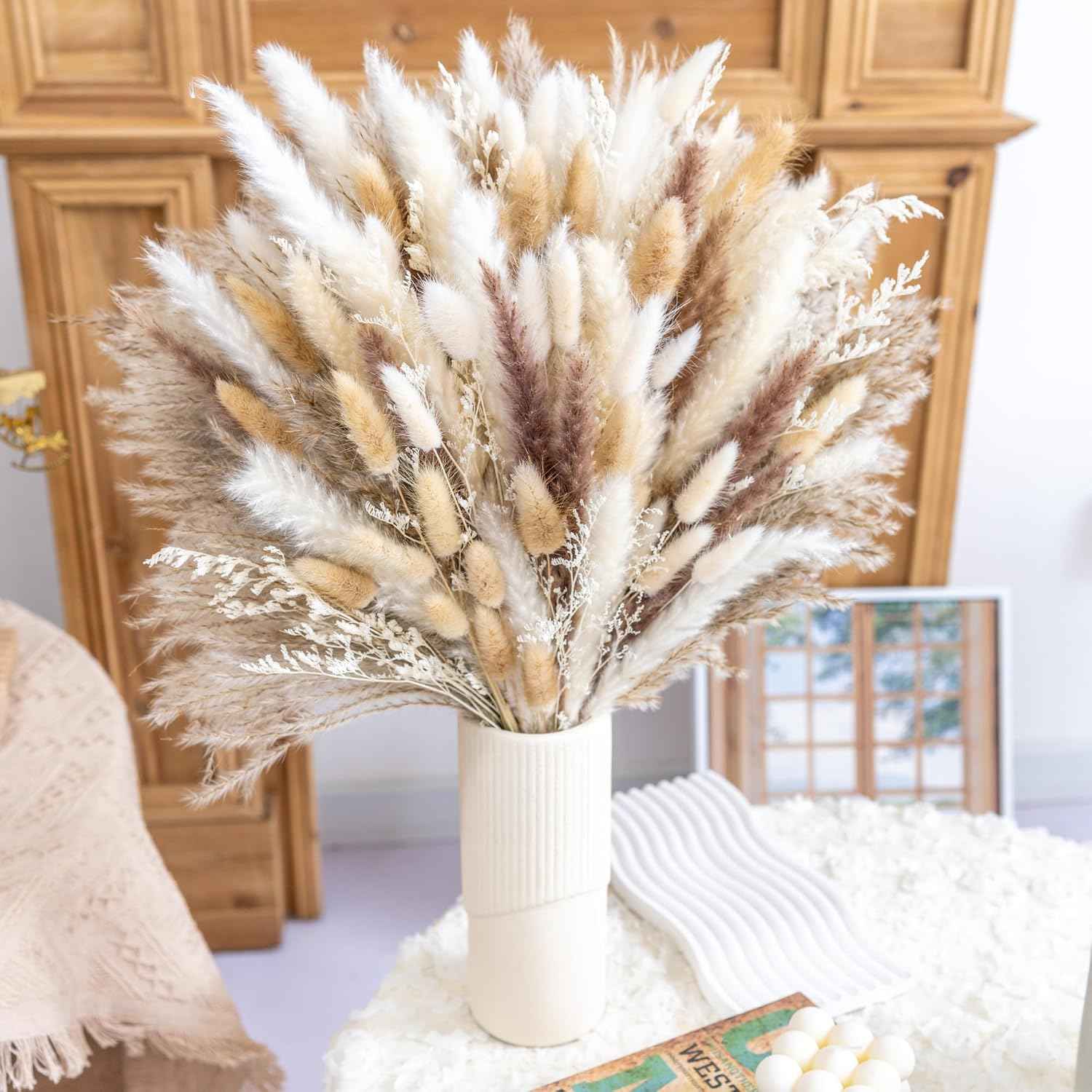 70PCS Natural Dried Pampas Grass Boho Home Decor Bouquet Phragmites Dried Flowers Bouquet for Wedding Floral Arrangements Home Decorations (70PCS)