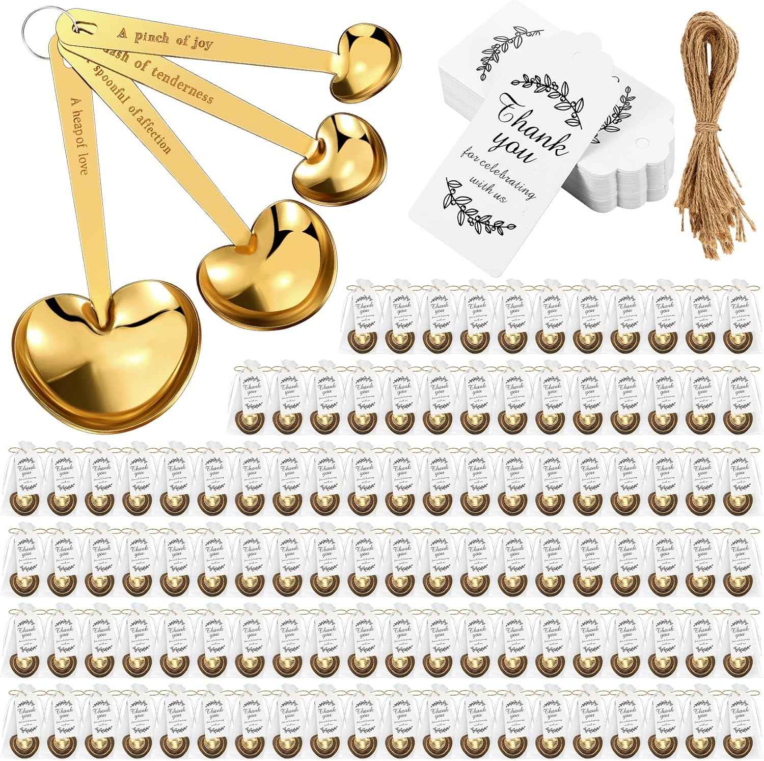 Umigy 100 Set Heart Shaped Measuring Spoon Tea Spoons Wedding Baby Shower Favors for Guests Set Heart Shape Drawstring Organza Bag Gift Tag Rope for Wedding Bridal Shower Souvenir (Gold)