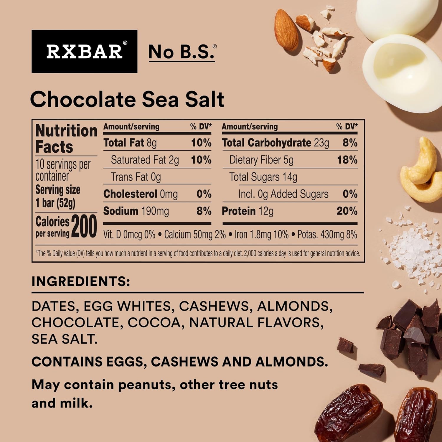 RXBAR Chocolate Sea Salt Protein Snack Bars, 18.3oz Box (10 Count), Gluten Free, 12g Protein