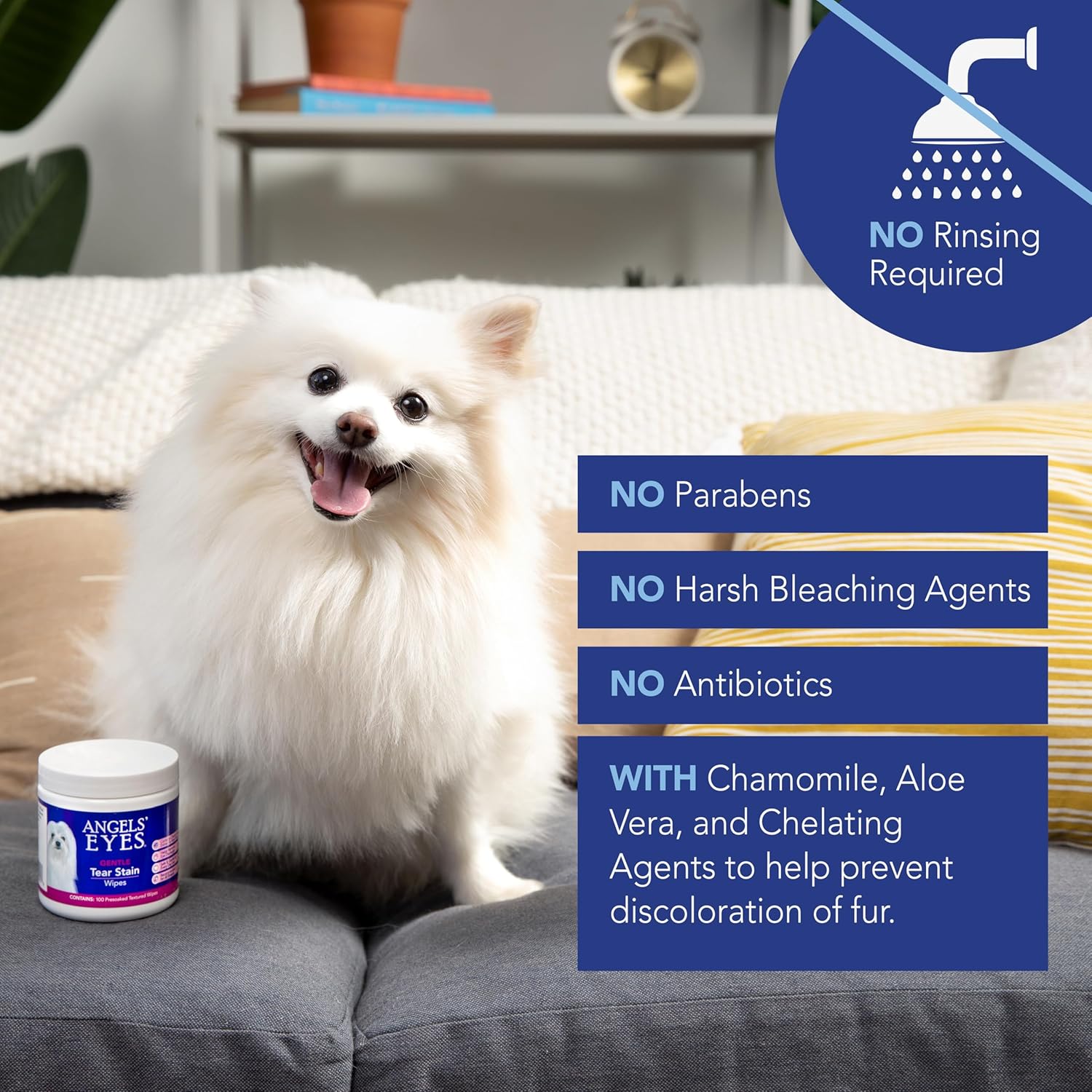 Angel's Eyes Gentle Tear Stain Wipes for Dogs and Cats, Presoaked, 100 Count, Textured