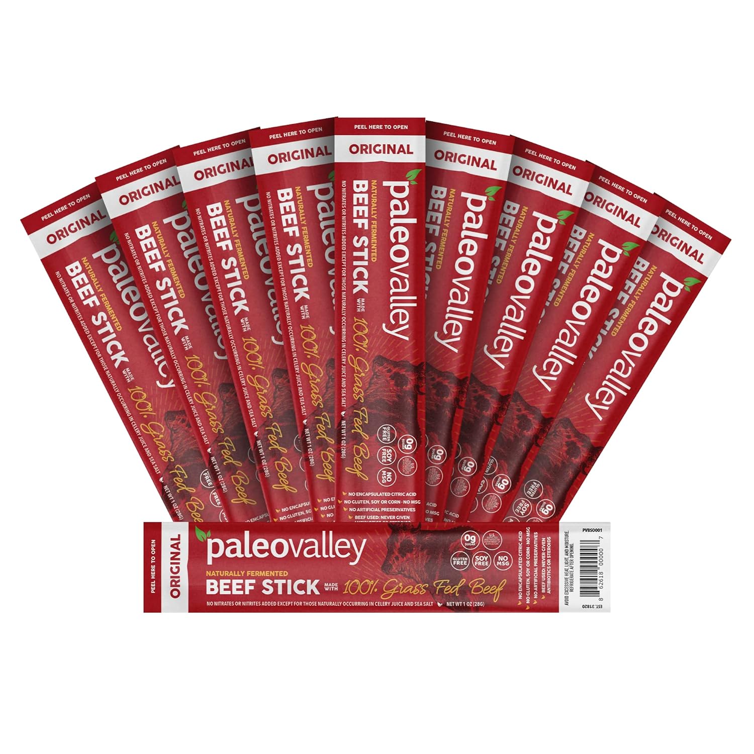 paleovalley 100% grass fed original beef sticks - delicious gluten free snack - keto friendly paleo protein