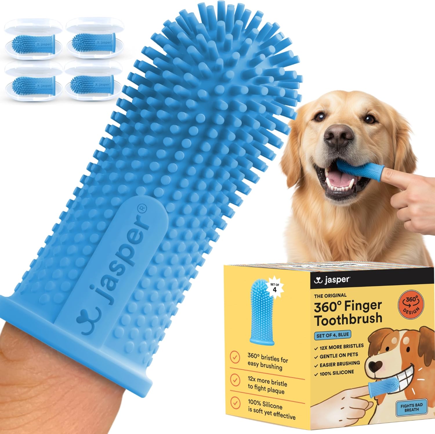 Jasper 2-pack 360-degree dog toothbrush kit for small and large pets, blue