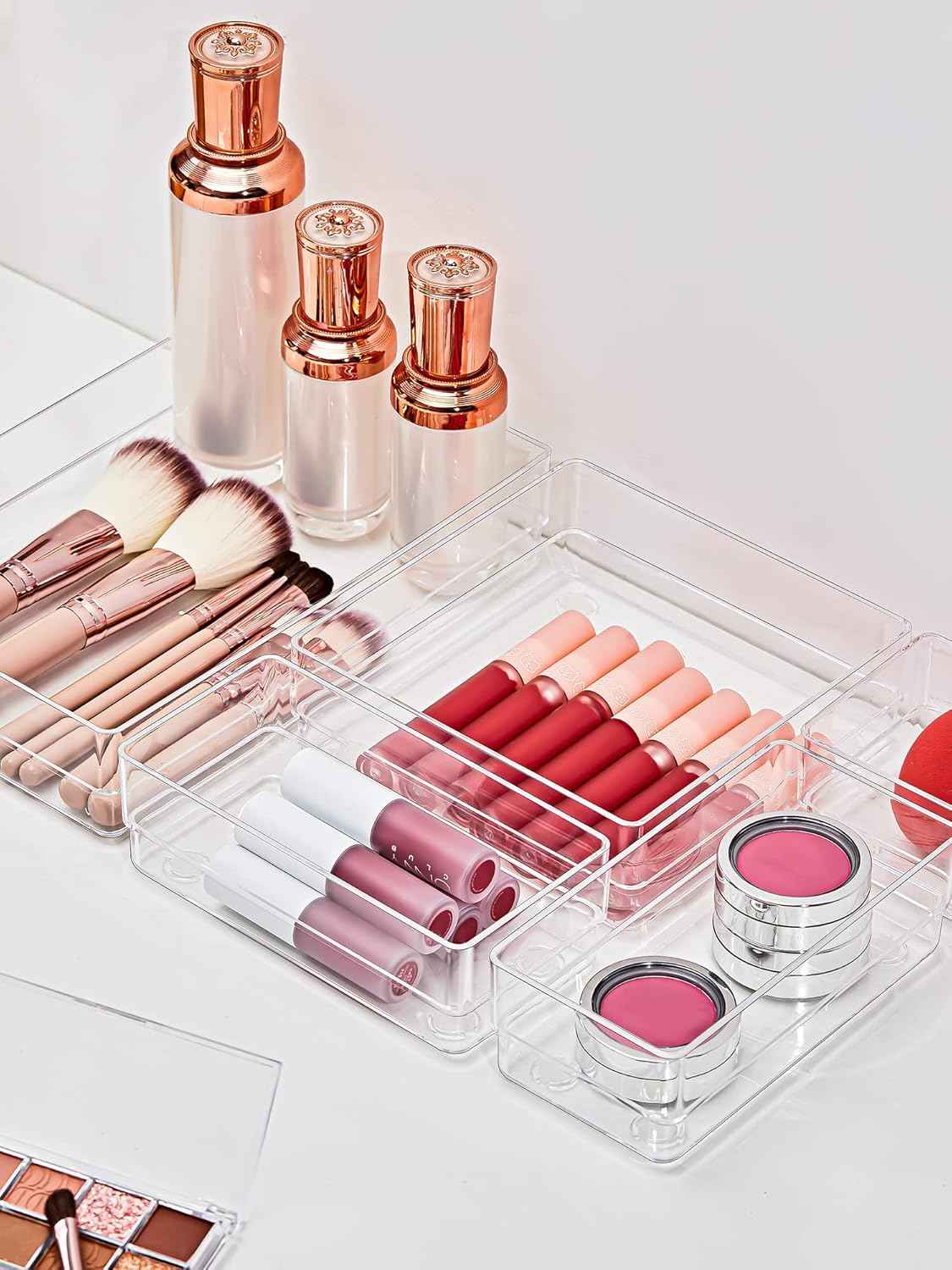 SMARTAKE 13-Piece Drawer Organizer with Non-Slip Silicone Pads, 5-Size Desk Drawer Organizer Trays Storage Tray for Makeup, Jewelries, Utensils in Bedroom Dresser, Office and Kitchen (Clear)