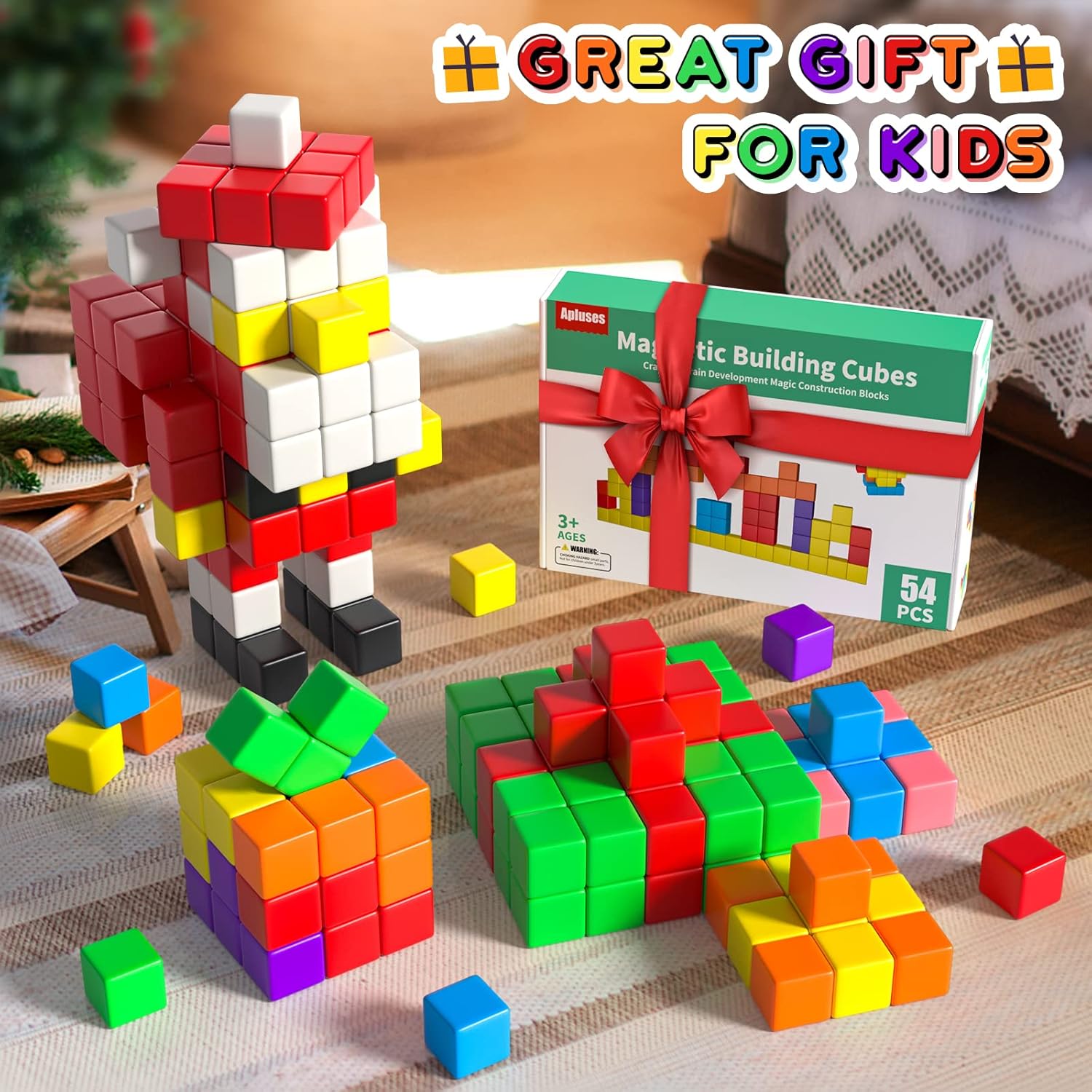 Apluses 54 PCS Magnetic Blocks, Magnetic Building Blocks for Toddlers 3+, Montessori Toys, Magnet Cubes, Preschool STEM Educational Sensory Magnet Toys for Kids Ages 3-5 Year Old Boys and Girls