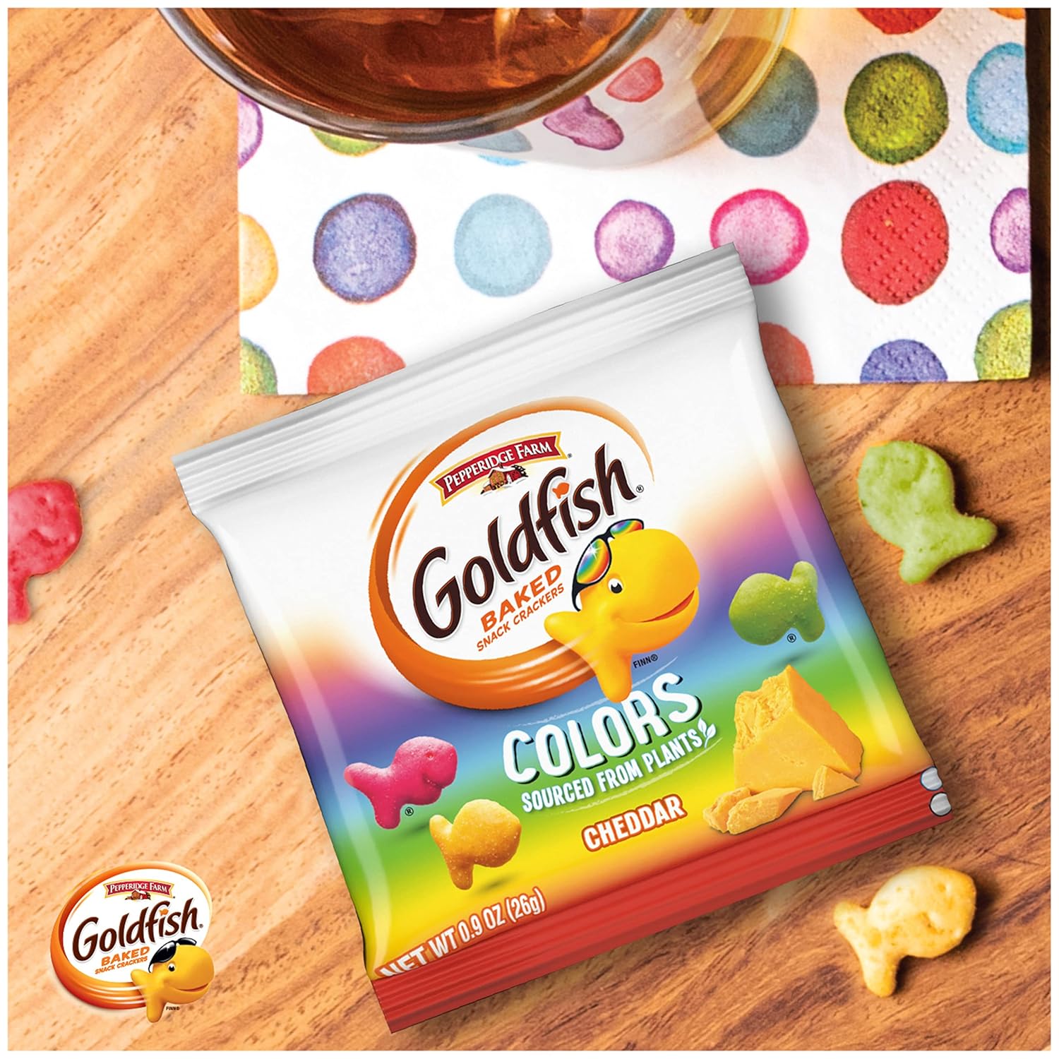 goldfish colors cheddar crackers, 9ct multi-pack tray, 9x0.9oz snack pack, baked with real cheese