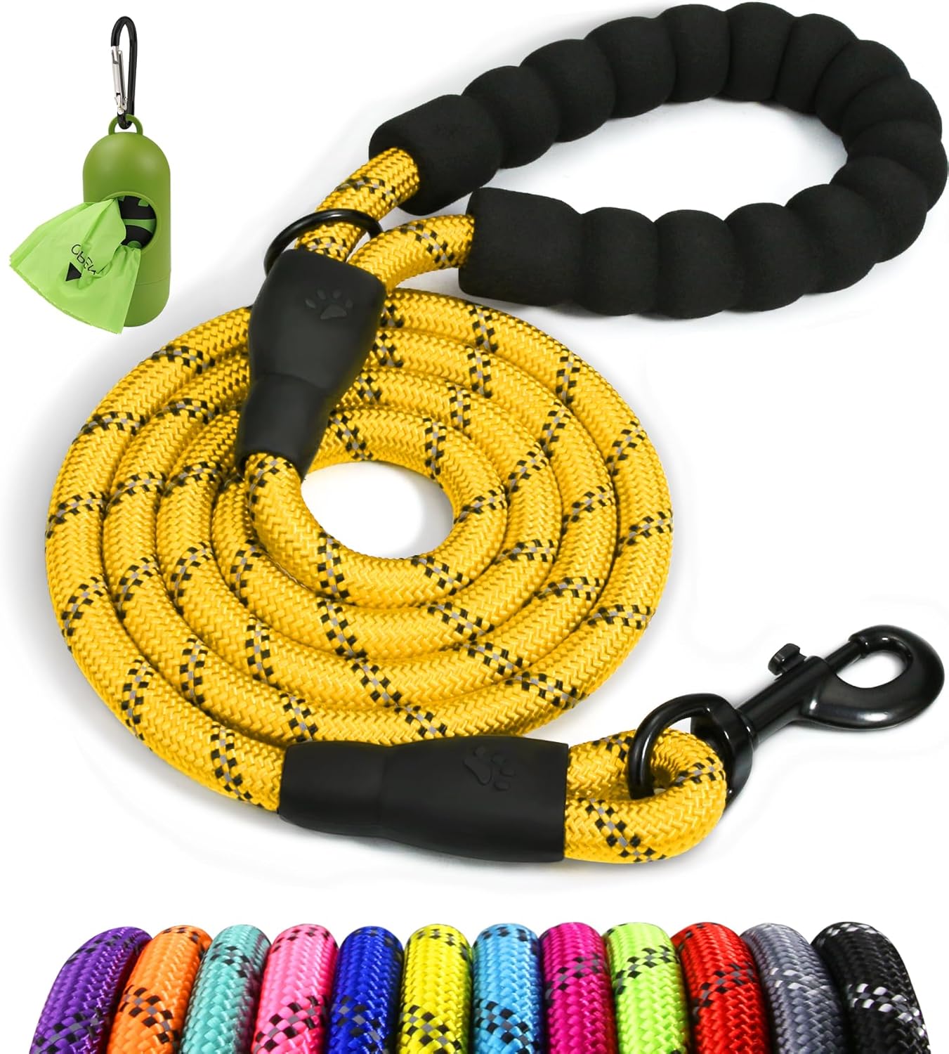 Taglory 6 FT Rope Dog Leash for Medium Large Dogs with Padded Handle, Reflective Threads, 1/2 inch, Black